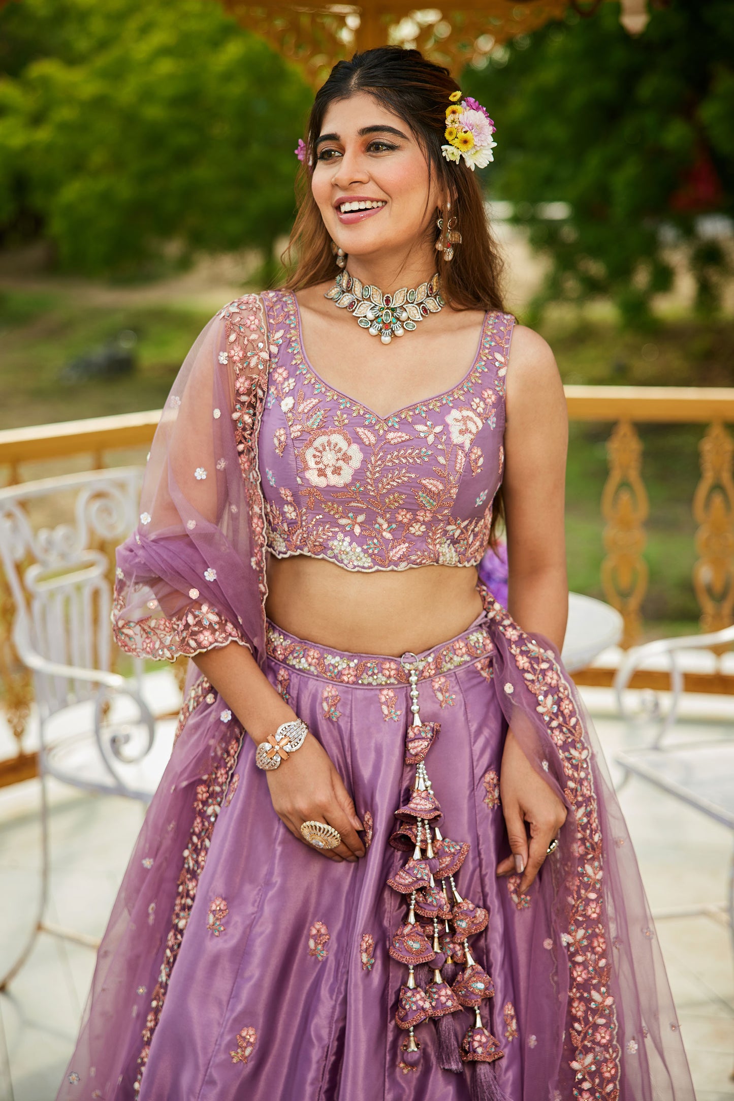 Rose gold colour Satin Sequins embroidery Lehenga choli & Dupatta