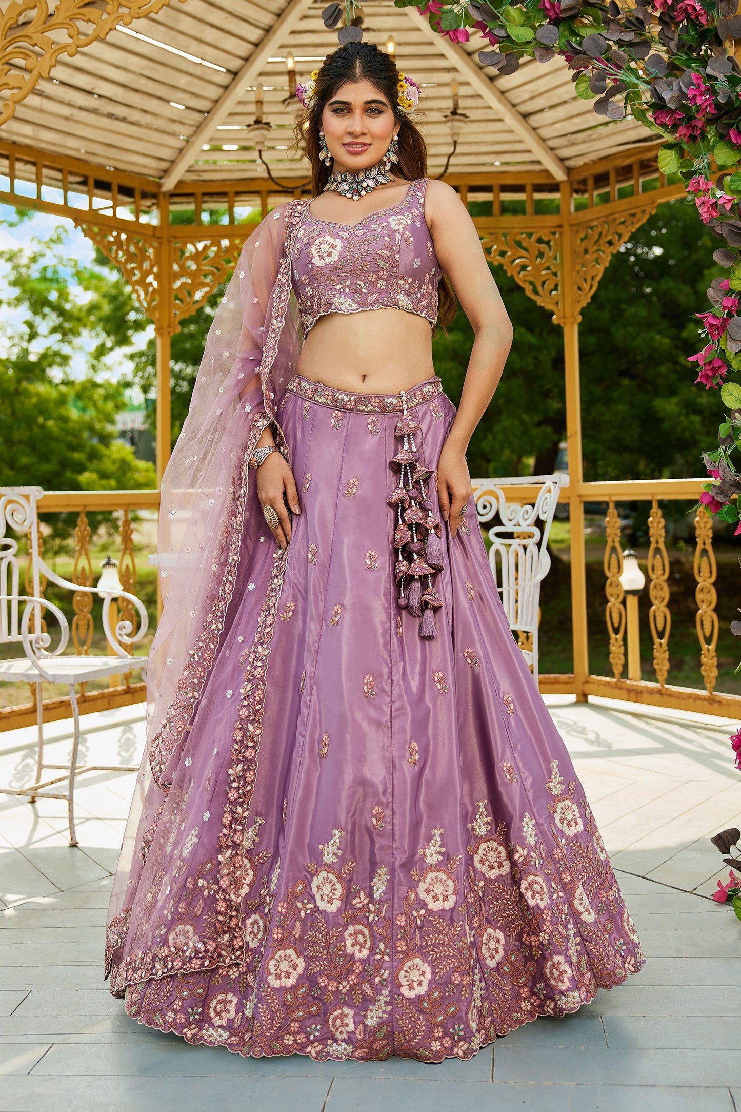 Rose gold colour Satin Sequins embroidery Lehenga choli & Dupatta