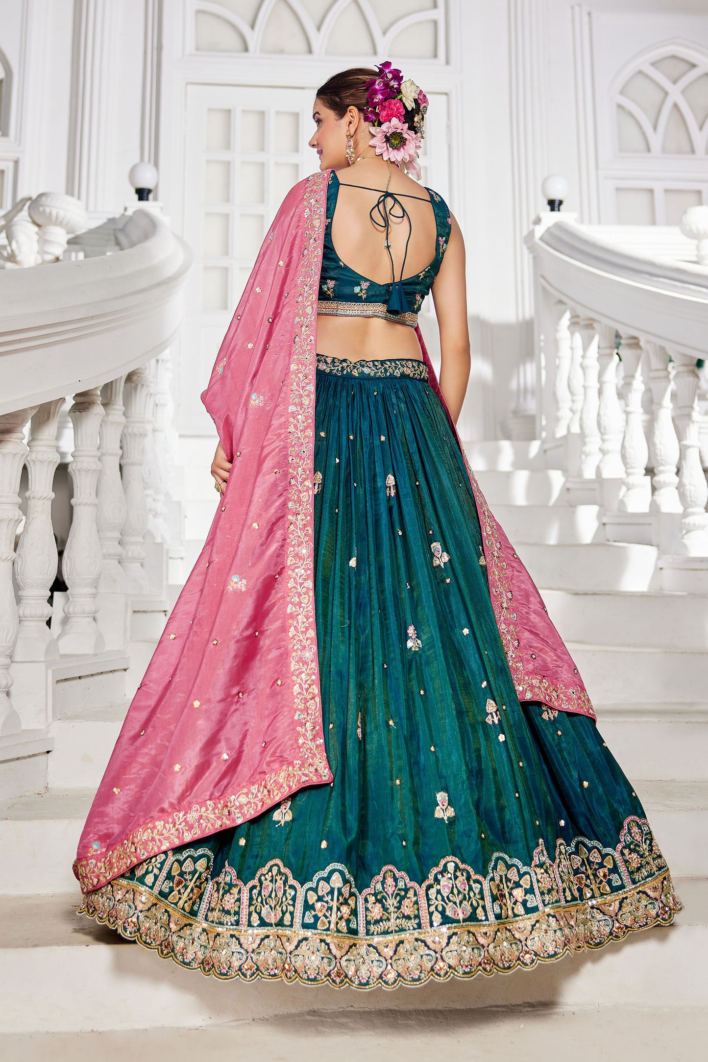 Teal colour Satin Sequins embroidery Lehenga choli & Dupatta