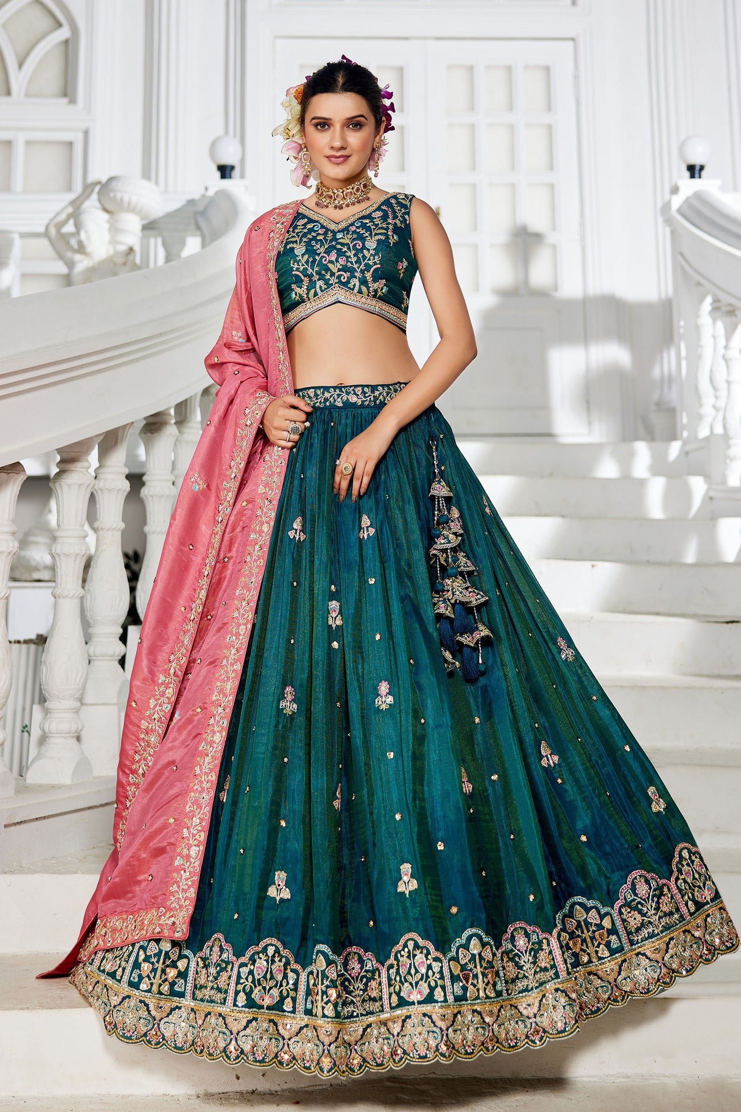 Teal colour Satin Sequins embroidery Lehenga choli & Dupatta