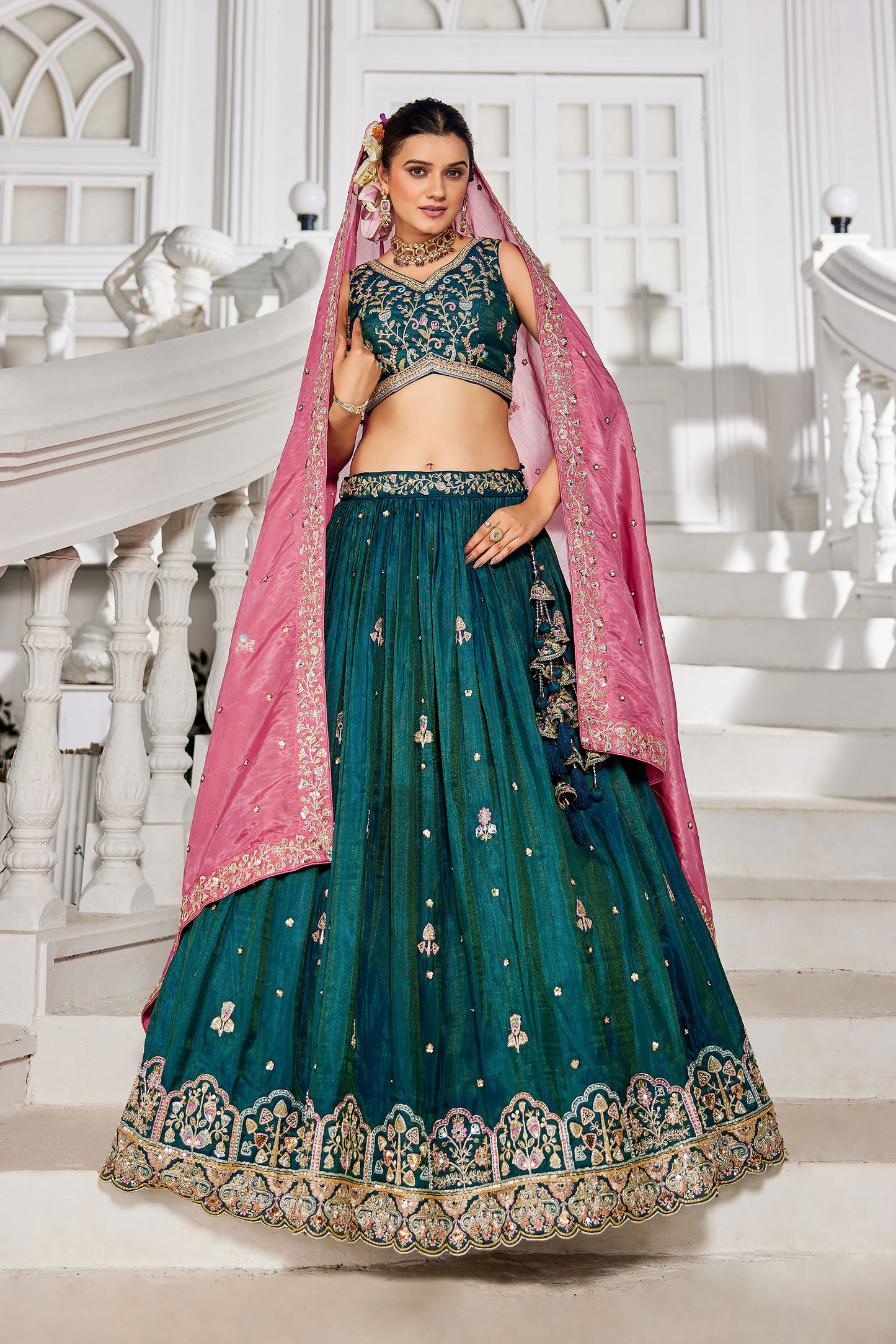 Teal colour Satin Sequins embroidery Lehenga choli & Dupatta