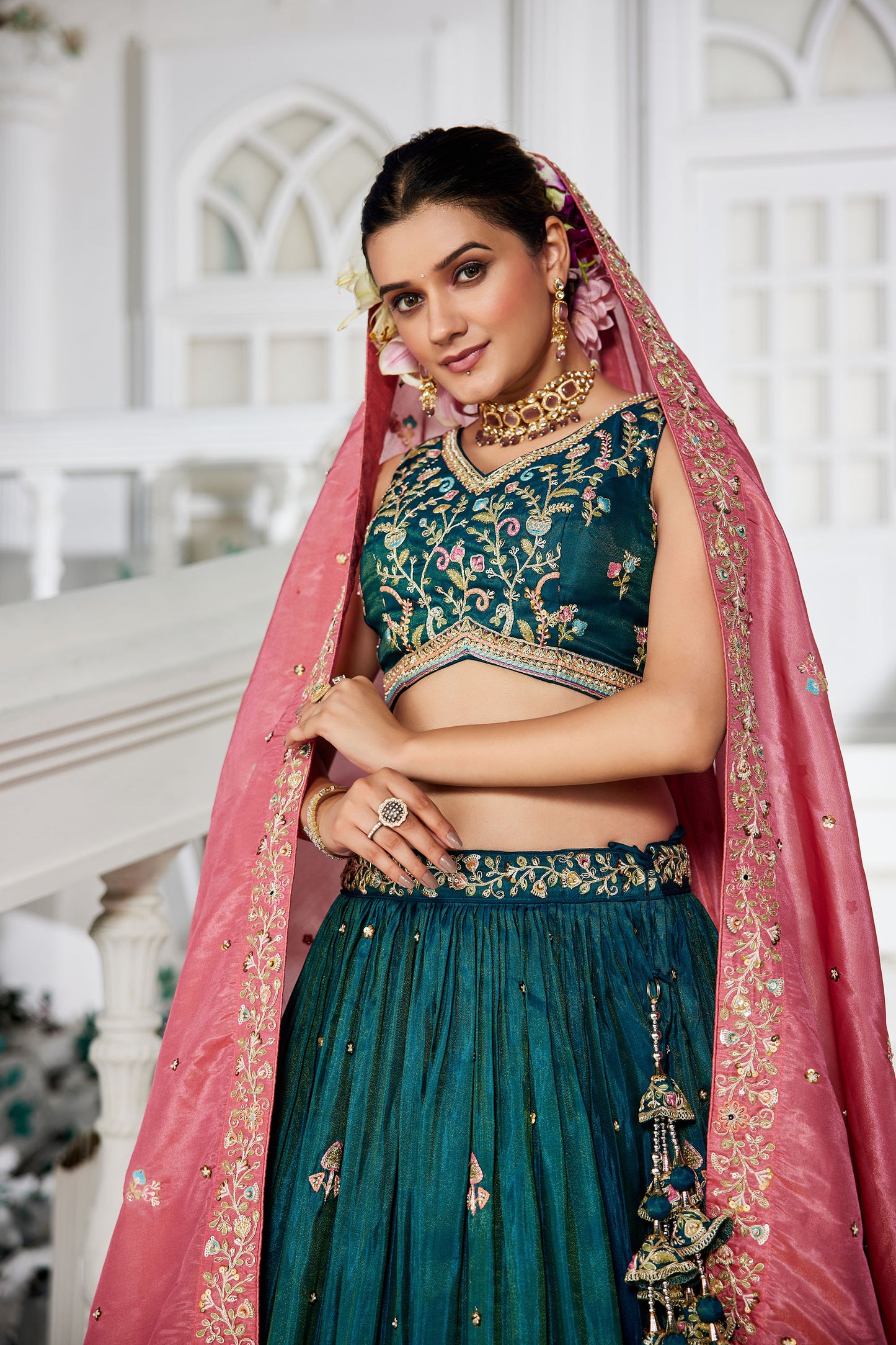 Teal colour Satin Sequins embroidery Lehenga choli & Dupatta