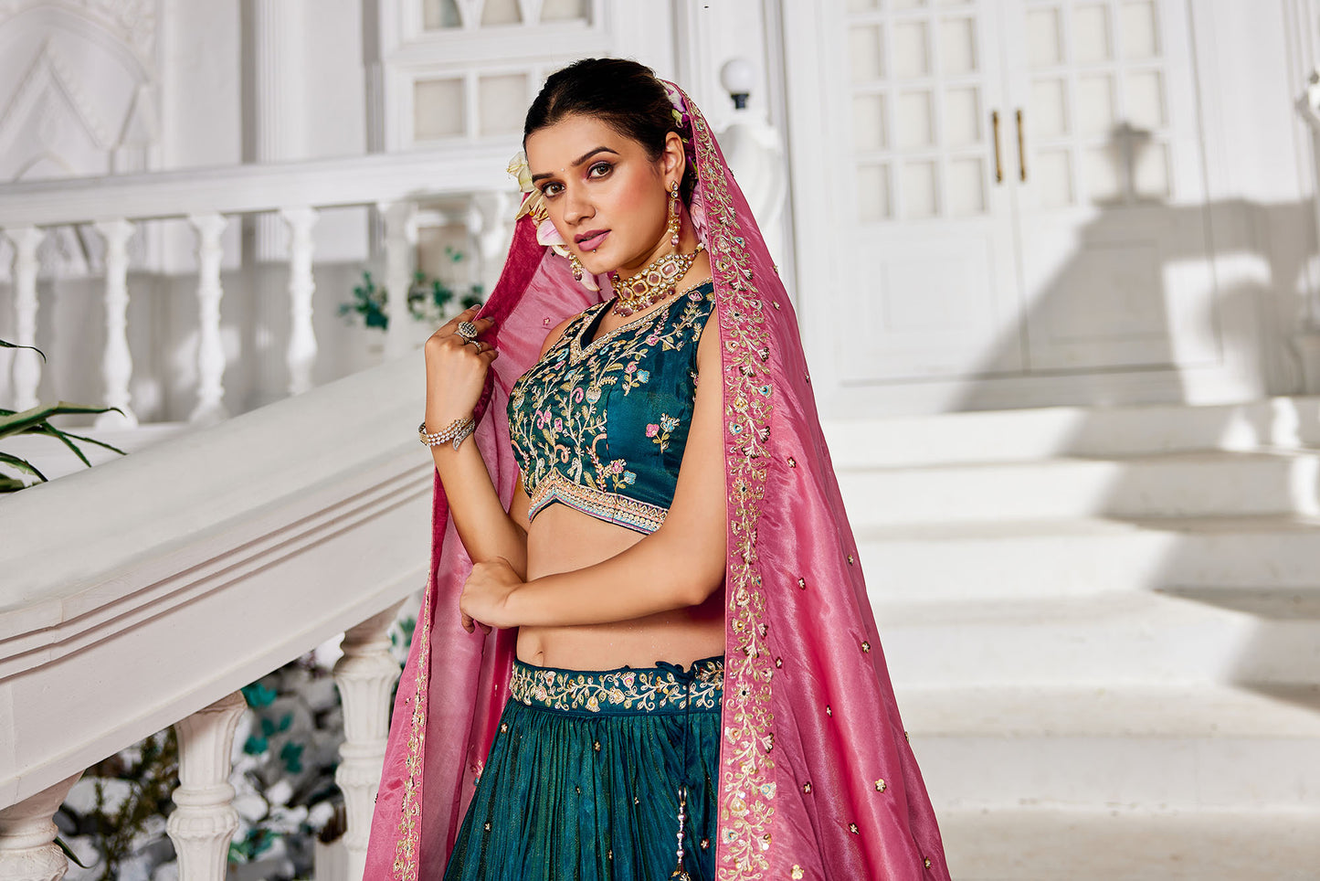 Teal colour Satin Sequins embroidery Lehenga choli & Dupatta