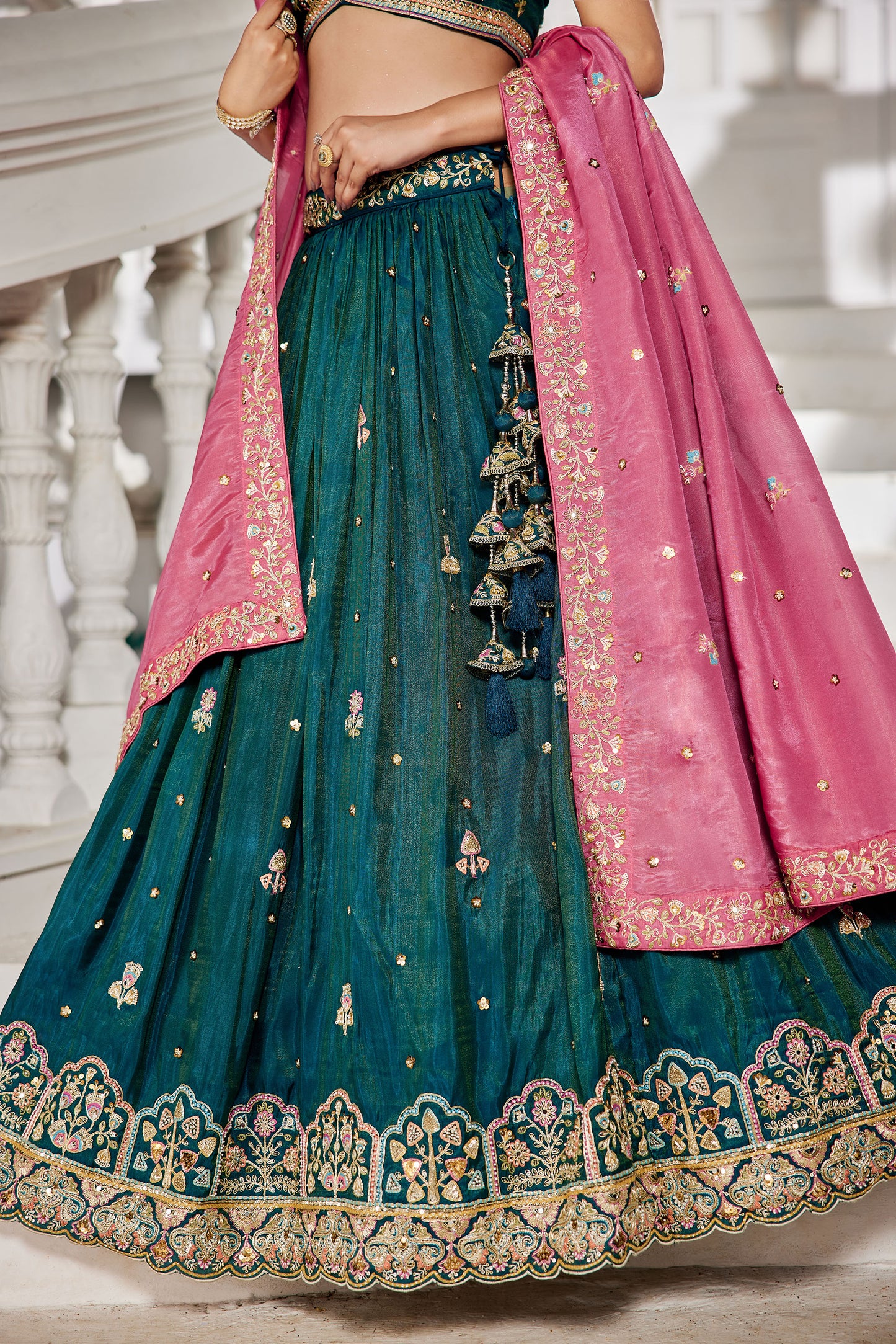 Teal colour Satin Sequins embroidery Lehenga choli & Dupatta