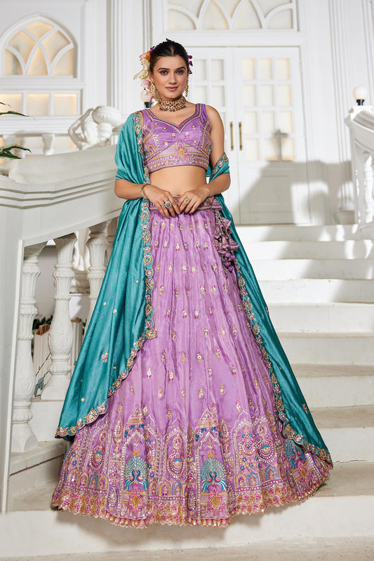 Lavender colour Tissue Sequinse embroidery Lehenga choli & Dupatta