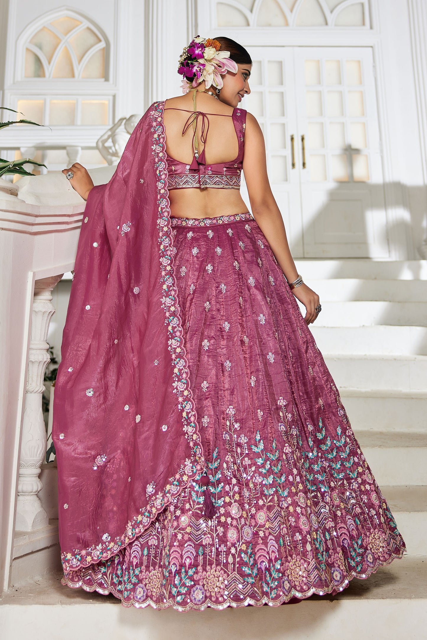 Burgundy colour Tissue Sequins embroidery Lehenga choli & Dupatta