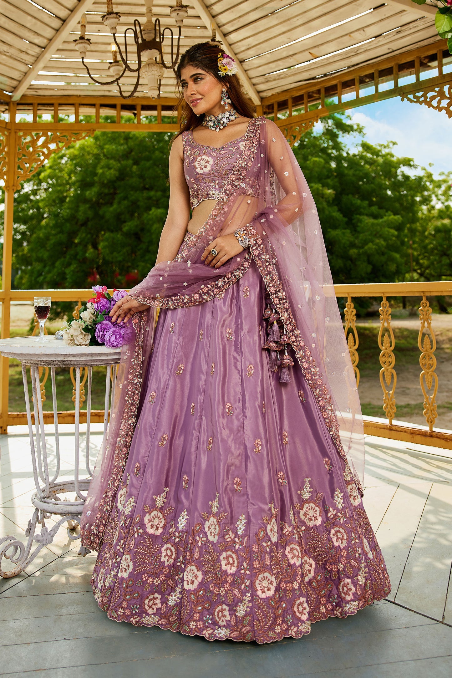 Rose gold colour Satin Sequins embroidery Lehenga choli & Dupatta