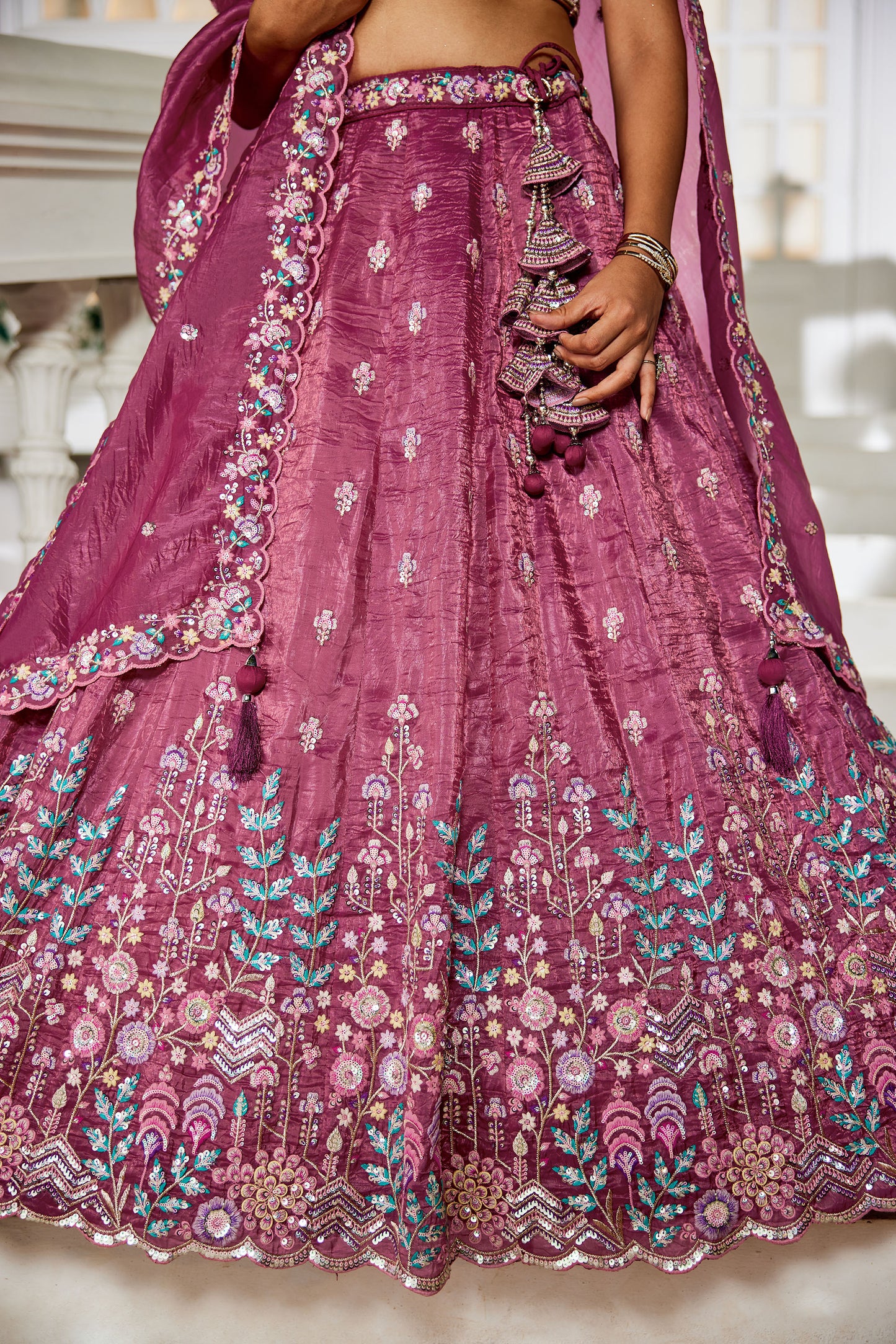 Burgundy colour Tissue Sequins embroidery Lehenga choli & Dupatta