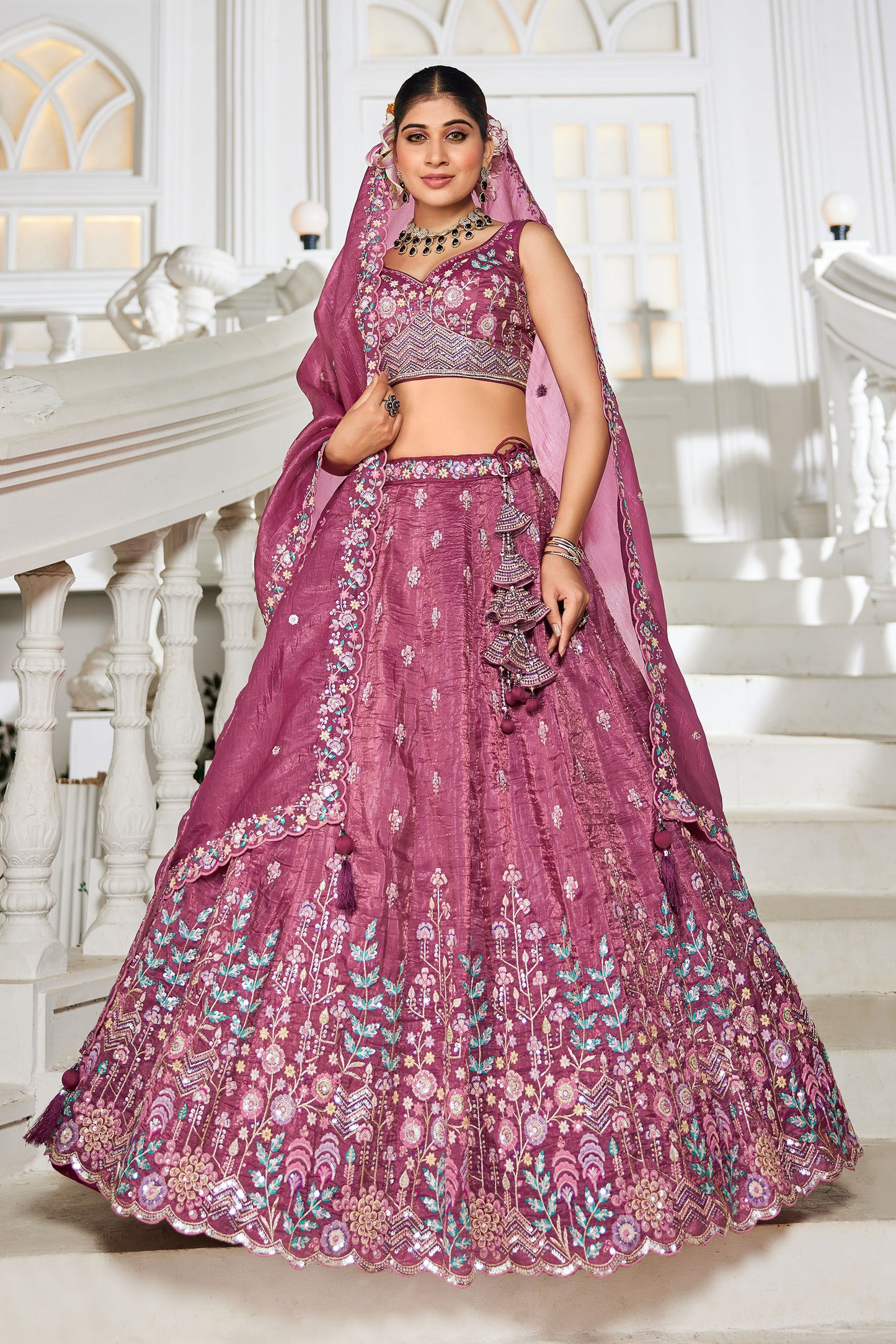 Burgundy colour Tissue Sequins embroidery Lehenga choli & Dupatta