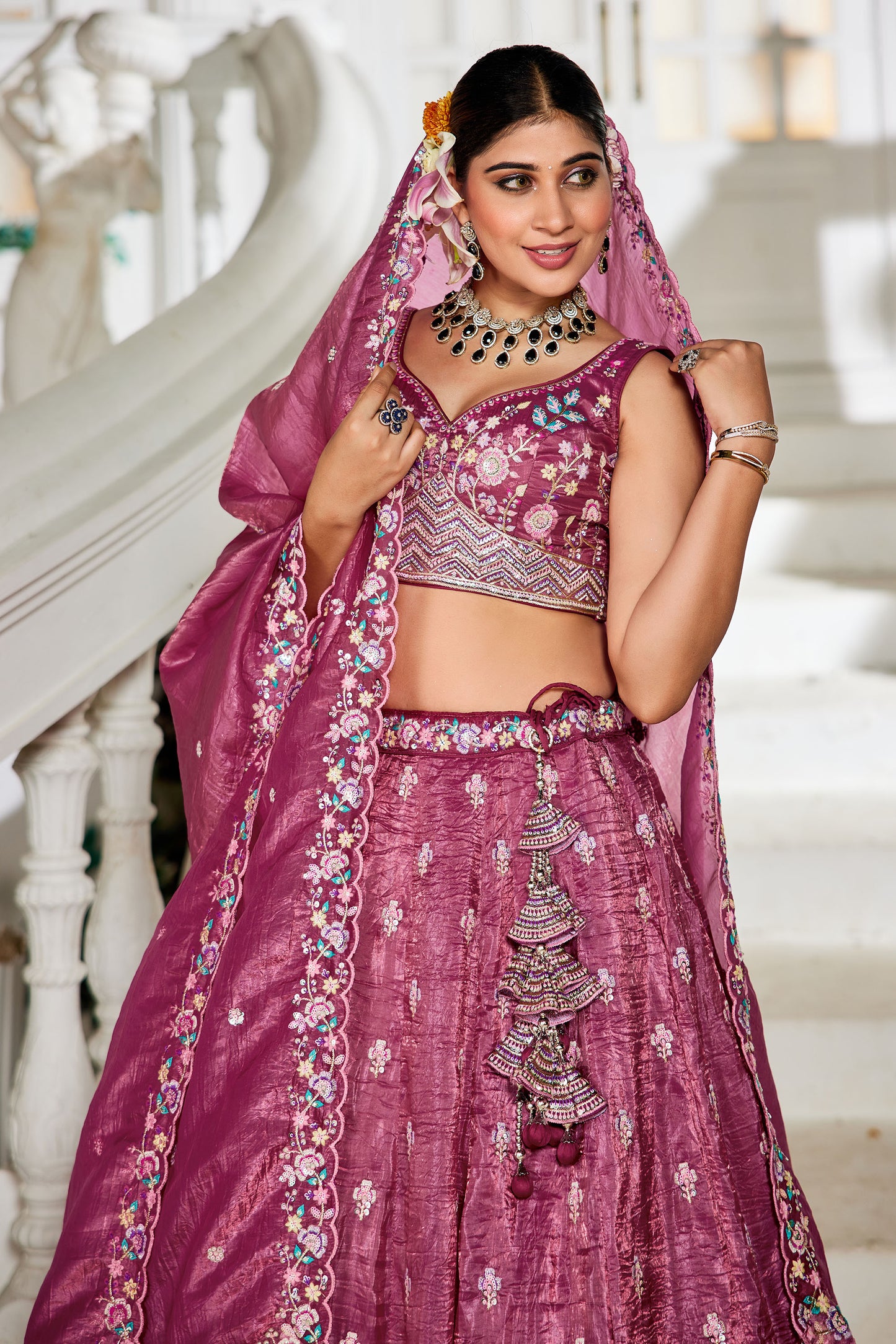 Burgundy colour Tissue Sequins embroidery Lehenga choli & Dupatta