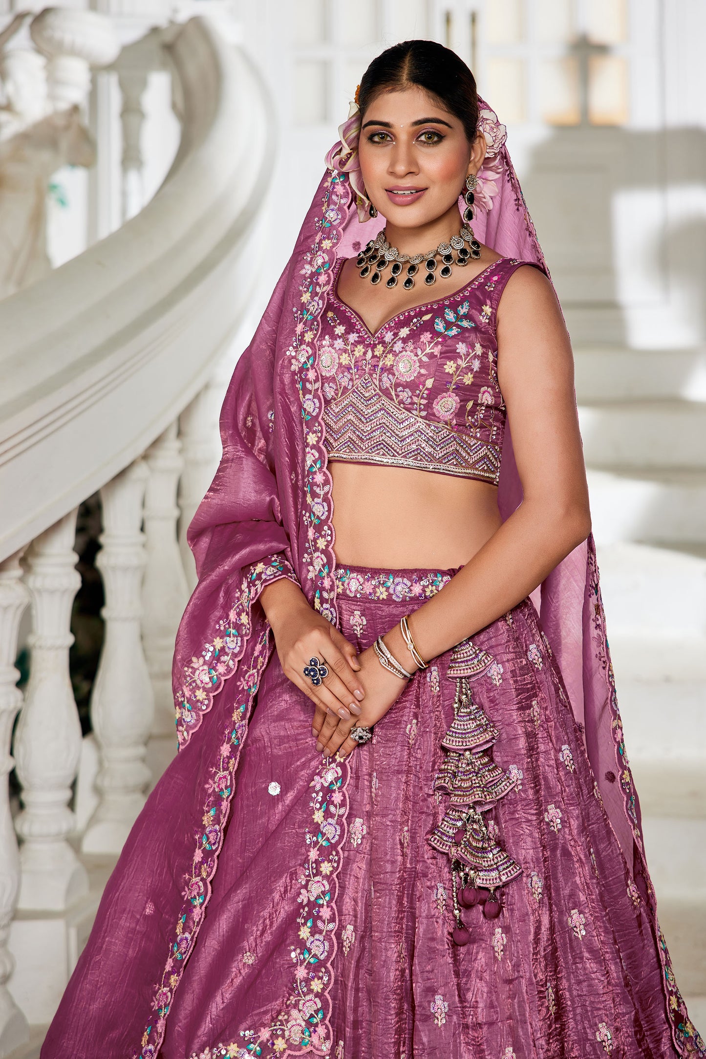 Burgundy colour Tissue Sequins embroidery Lehenga choli & Dupatta