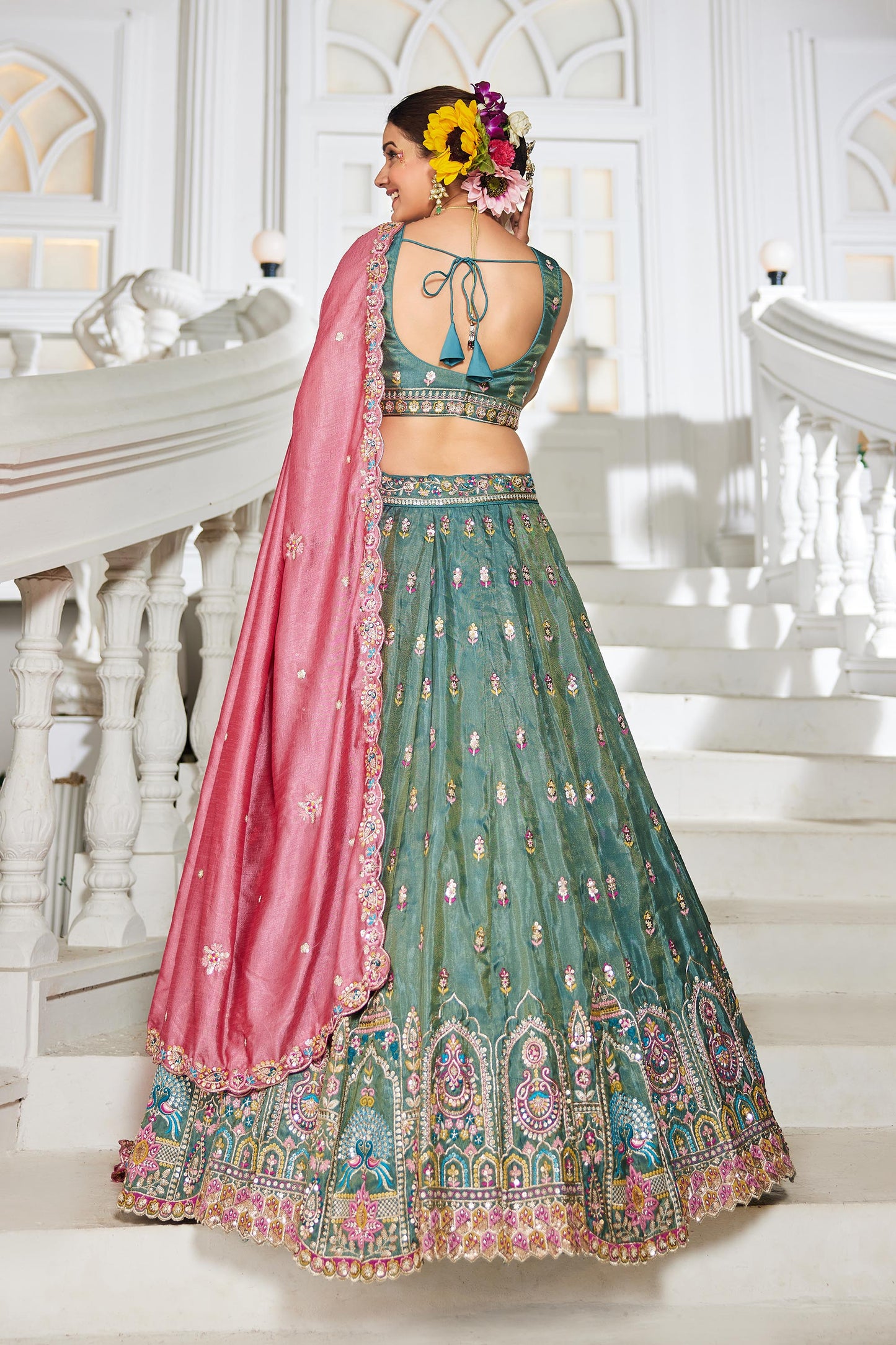 Sea green colour Tissue Sequinse embroidery Lehenga choli & Dupatta