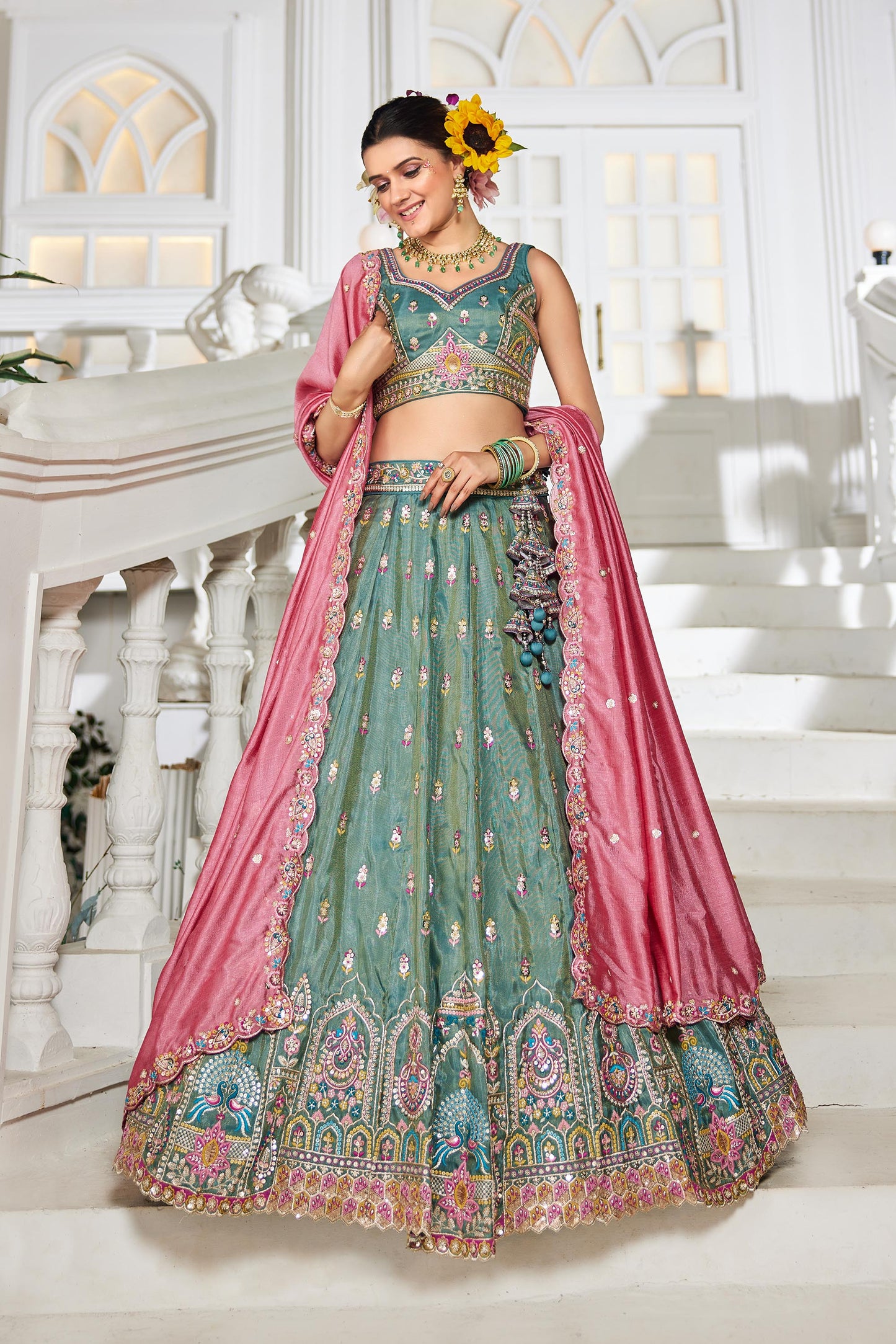 Sea green colour Tissue Sequinse embroidery Lehenga choli & Dupatta