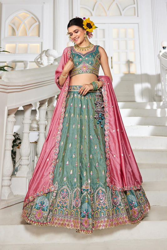 Sea green colour Tissue Sequinse embroidery Lehenga choli & Dupatta