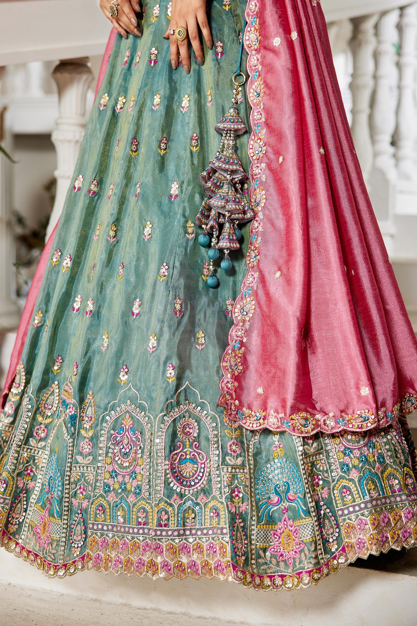 Sea green colour Tissue Sequinse embroidery Lehenga choli & Dupatta