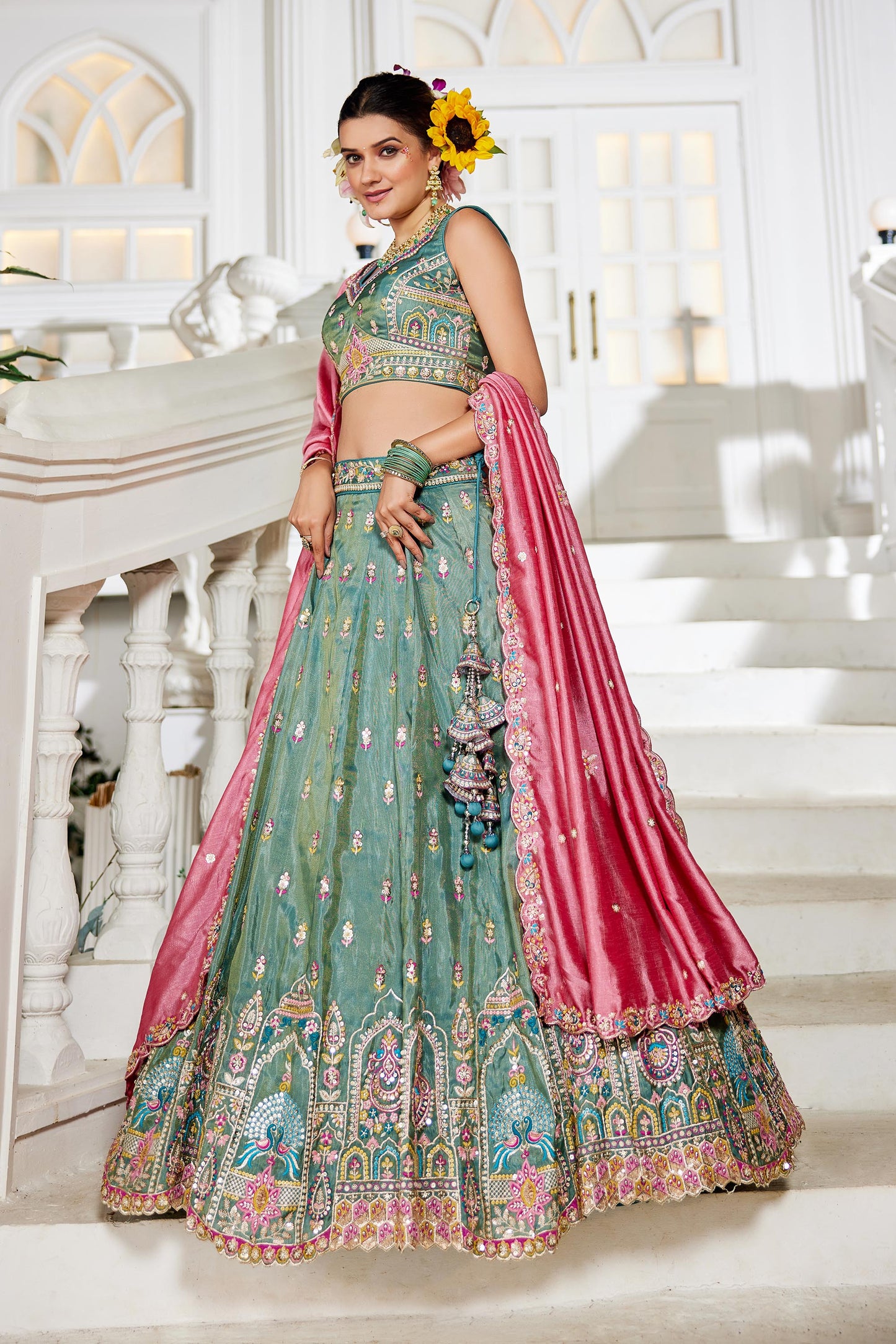 Sea green colour Tissue Sequinse embroidery Lehenga choli & Dupatta