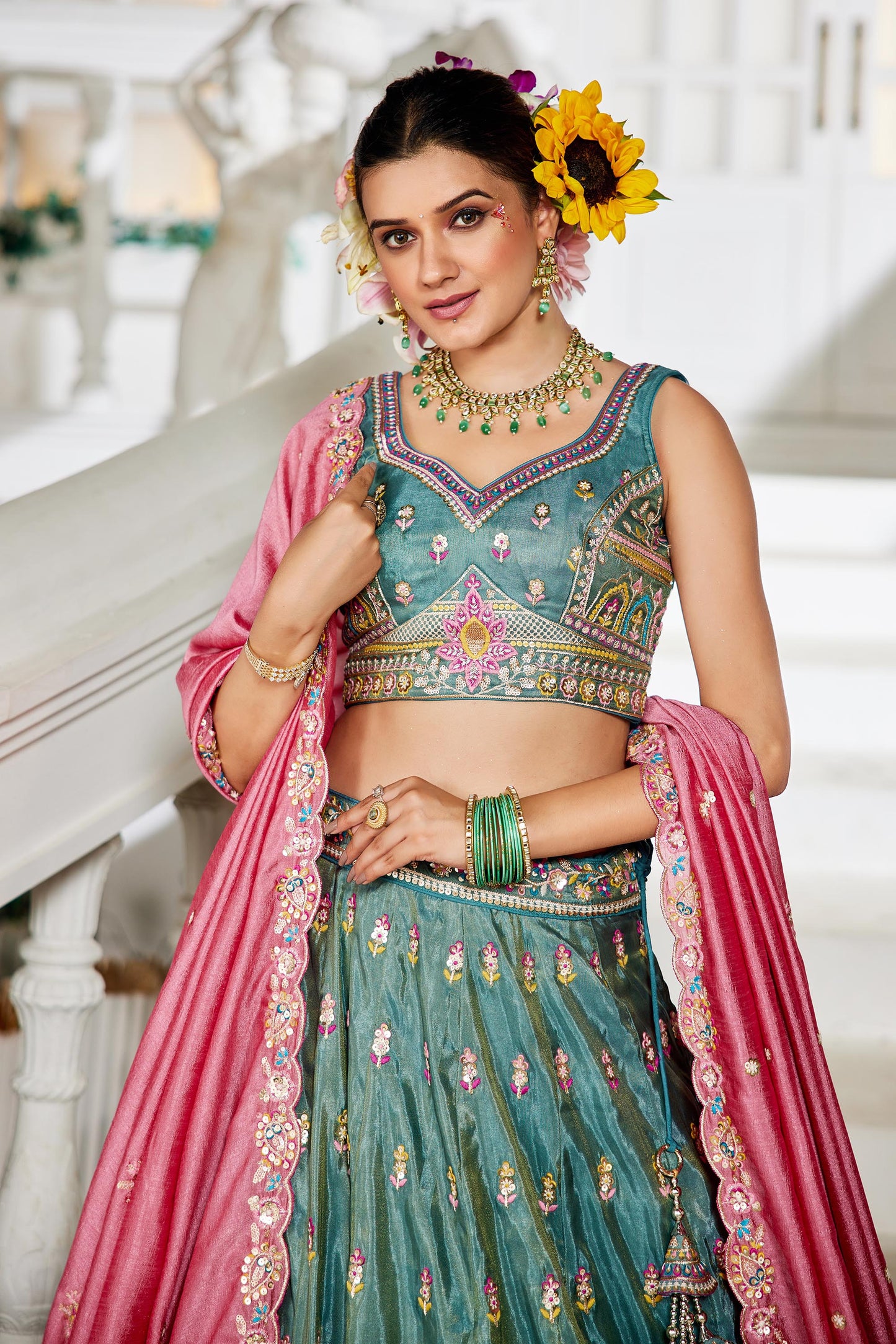 Sea green colour Tissue Sequinse embroidery Lehenga choli & Dupatta