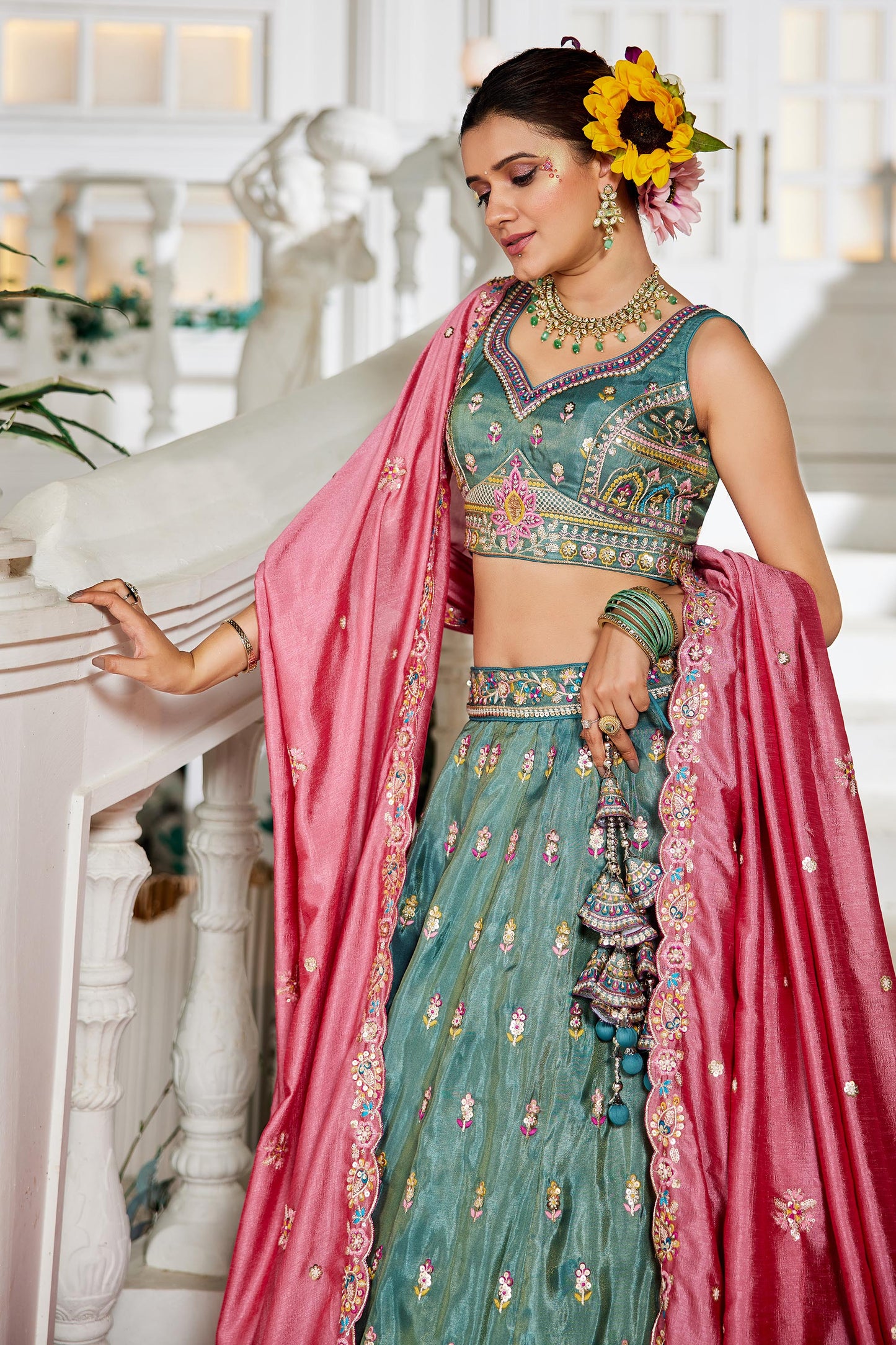 Sea green colour Tissue Sequinse embroidery Lehenga choli & Dupatta