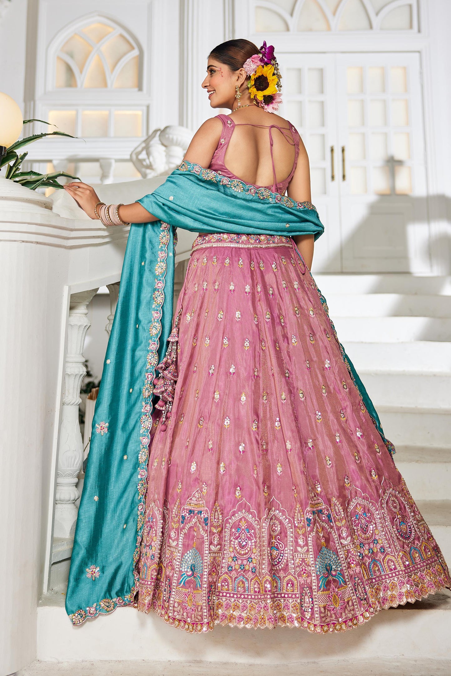 Pink colour Tissue Sequinse embroidery Lehenga choli & Dupatta