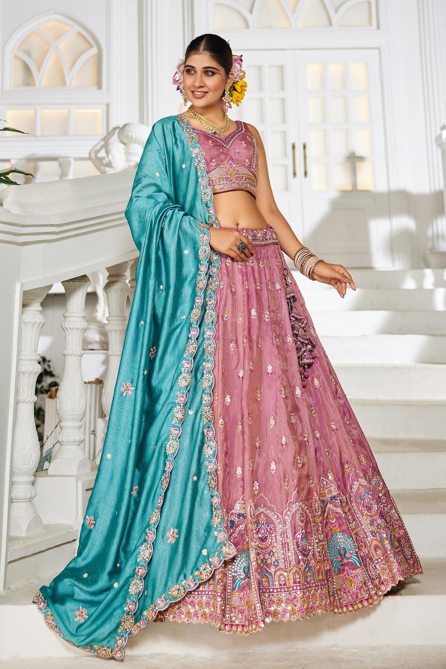 Pink colour Tissue Sequinse embroidery Lehenga choli & Dupatta