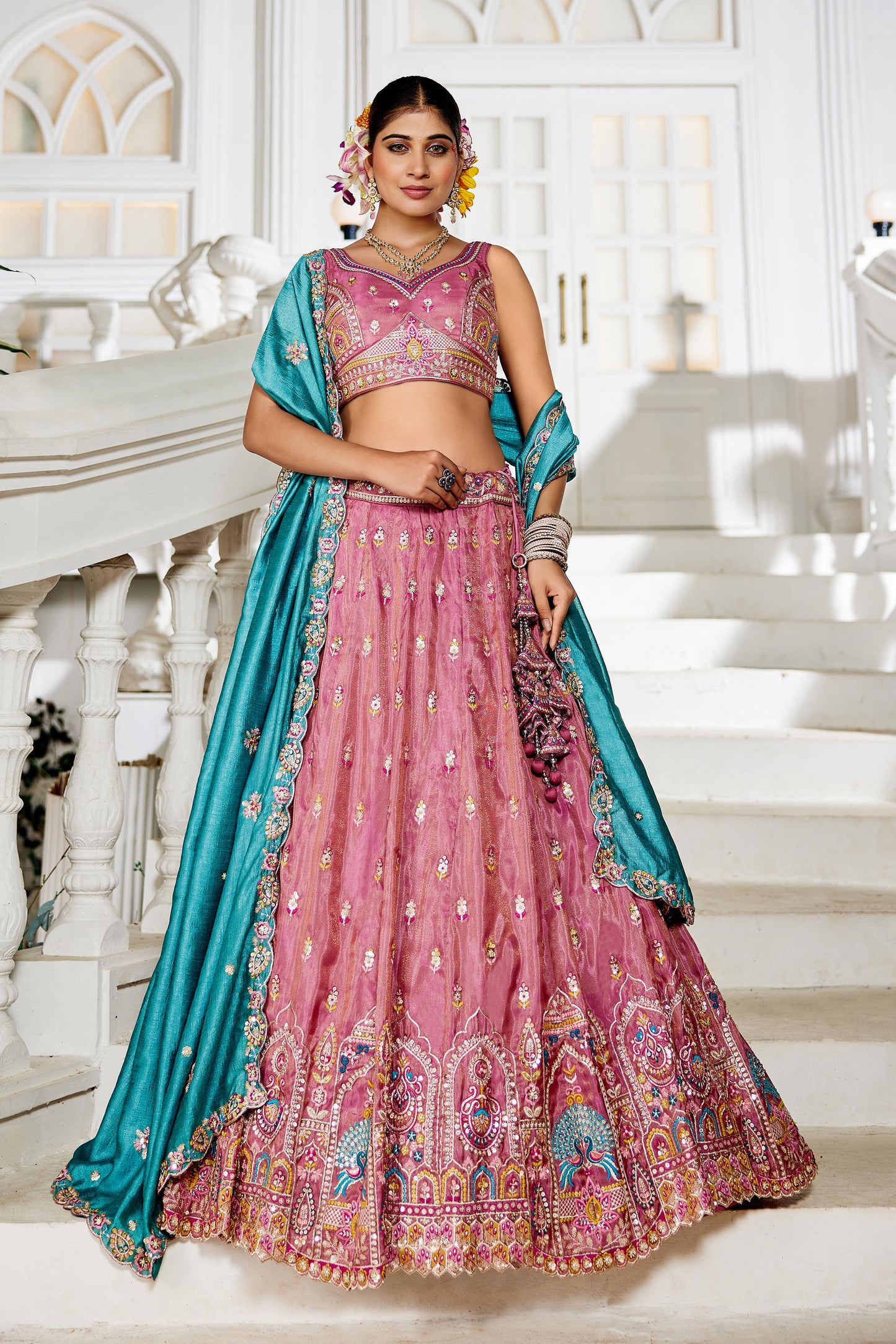 Pink colour Tissue Sequinse embroidery Lehenga choli & Dupatta