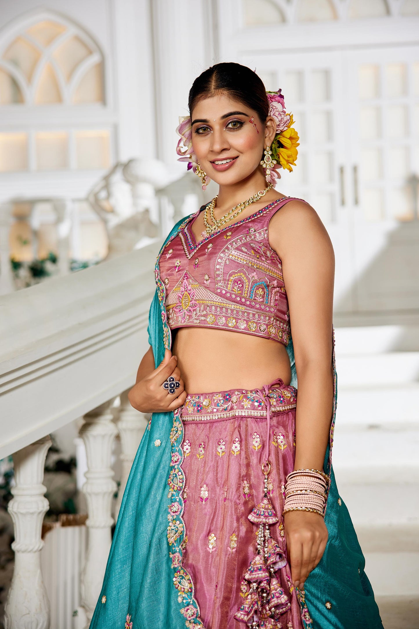 Pink colour Tissue Sequinse embroidery Lehenga choli & Dupatta