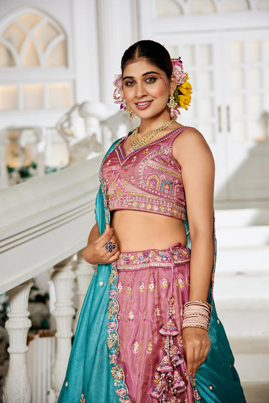Pink colour Tissue Sequinse embroidery Lehenga choli & Dupatta