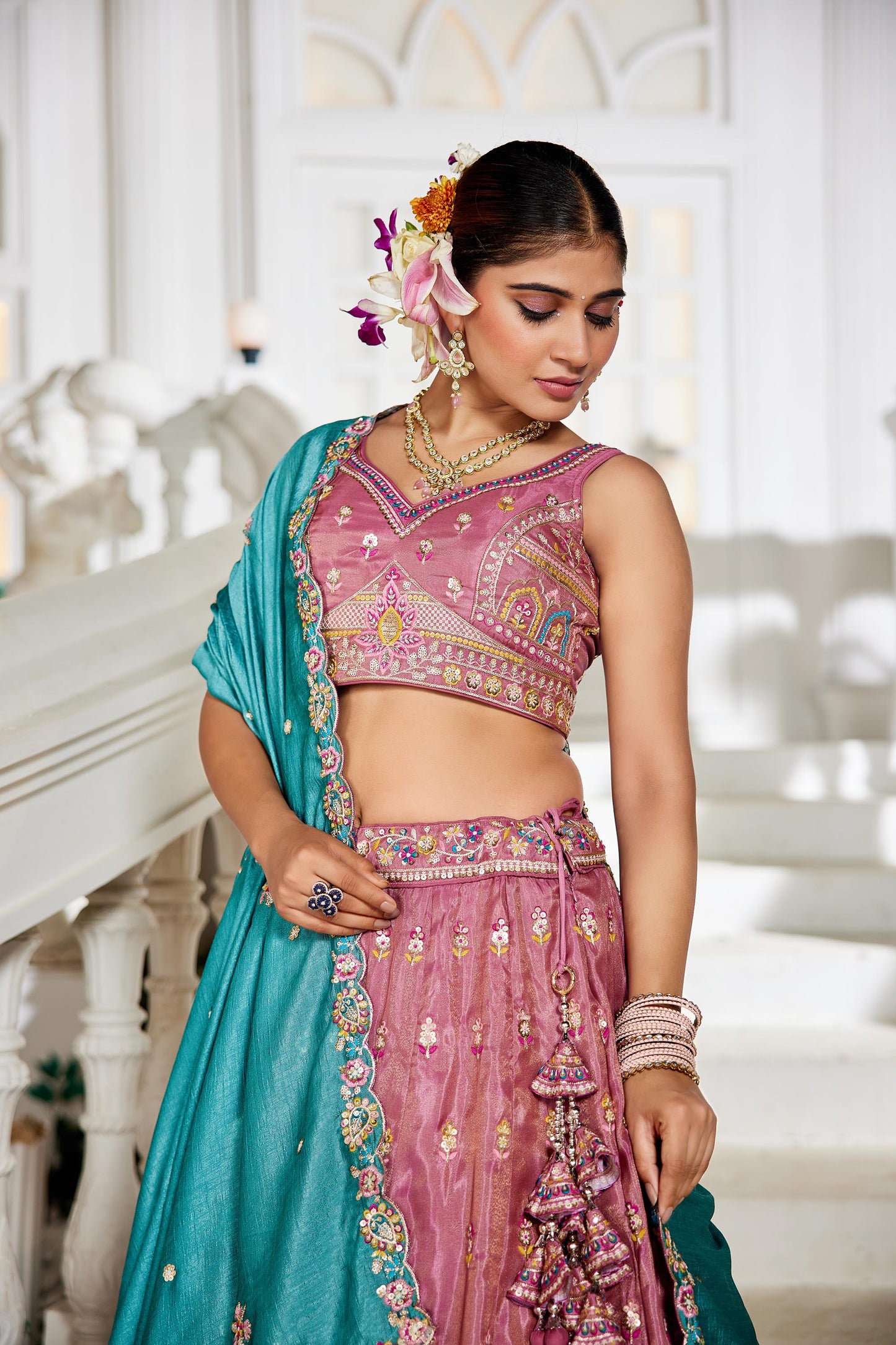 Pink colour Tissue Sequinse embroidery Lehenga choli & Dupatta