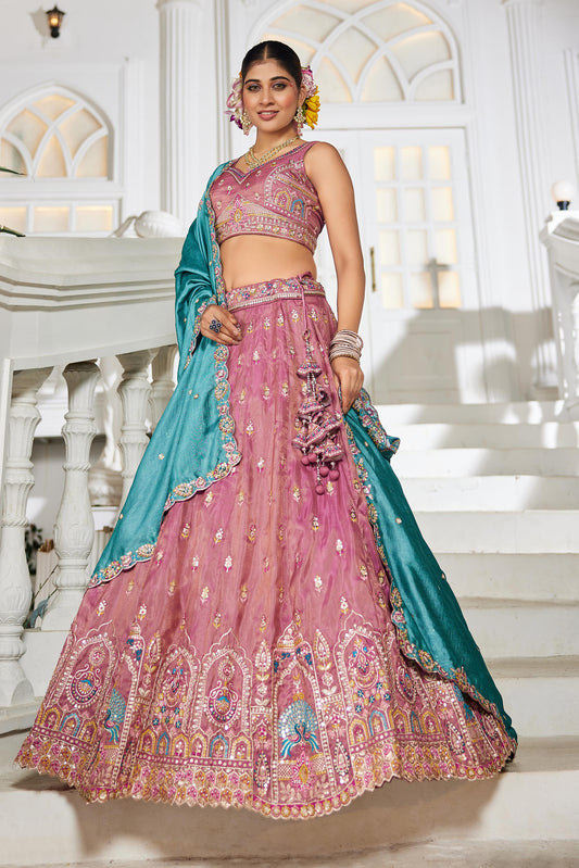 Pink colour Tissue Sequinse embroidery Lehenga choli & Dupatta