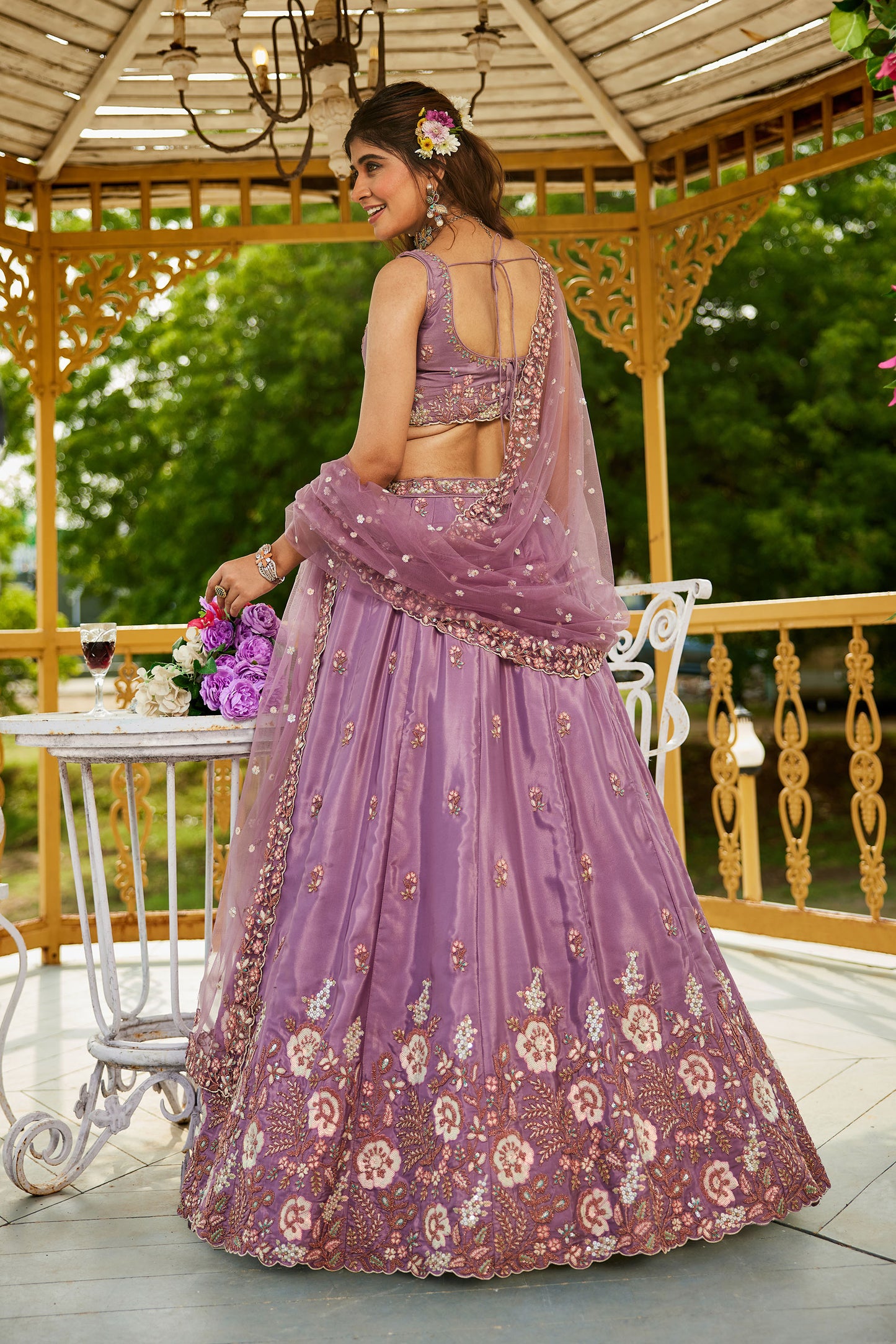 Rose gold colour Satin Sequins embroidery Lehenga choli & Dupatta