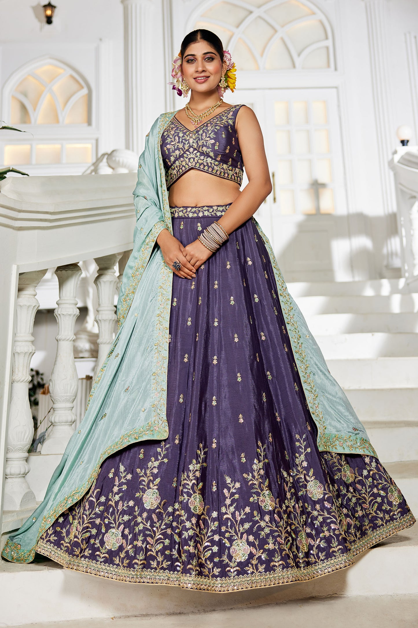 Violet colour Chiffon Sequins embroidery Lehenga choli & Dupatta