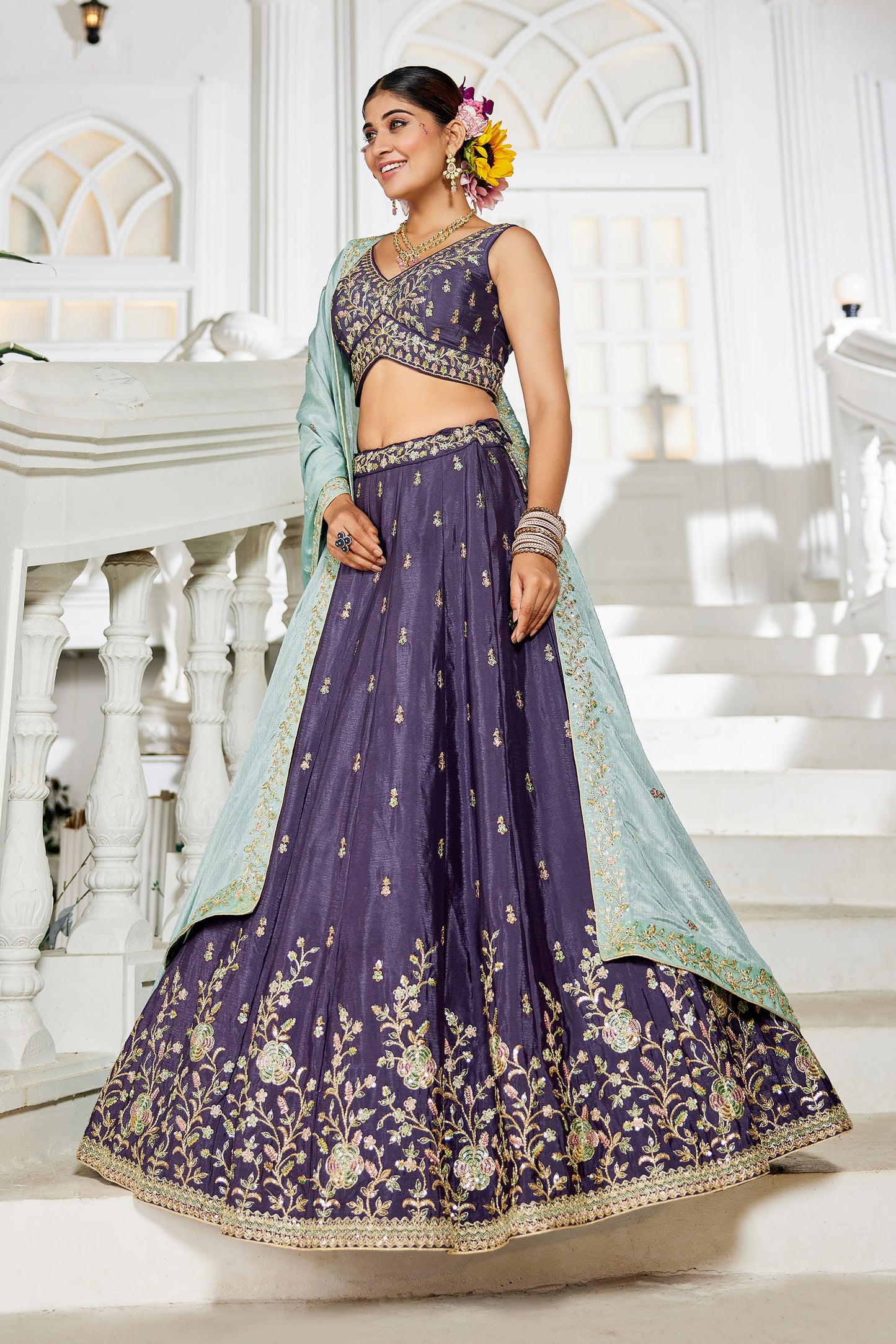 Violet colour Chiffon Sequins embroidery Lehenga choli & Dupatta