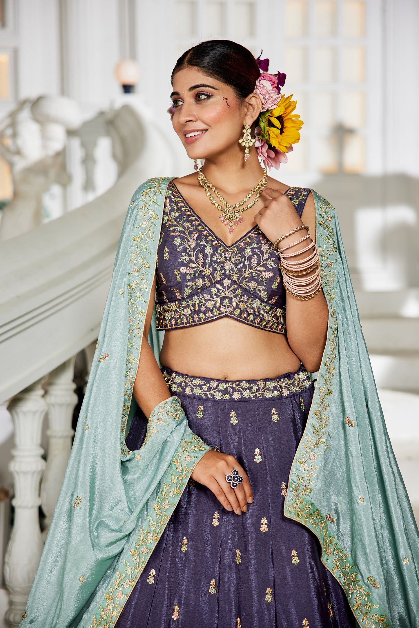 Violet colour Chiffon Sequins embroidery Lehenga choli & Dupatta