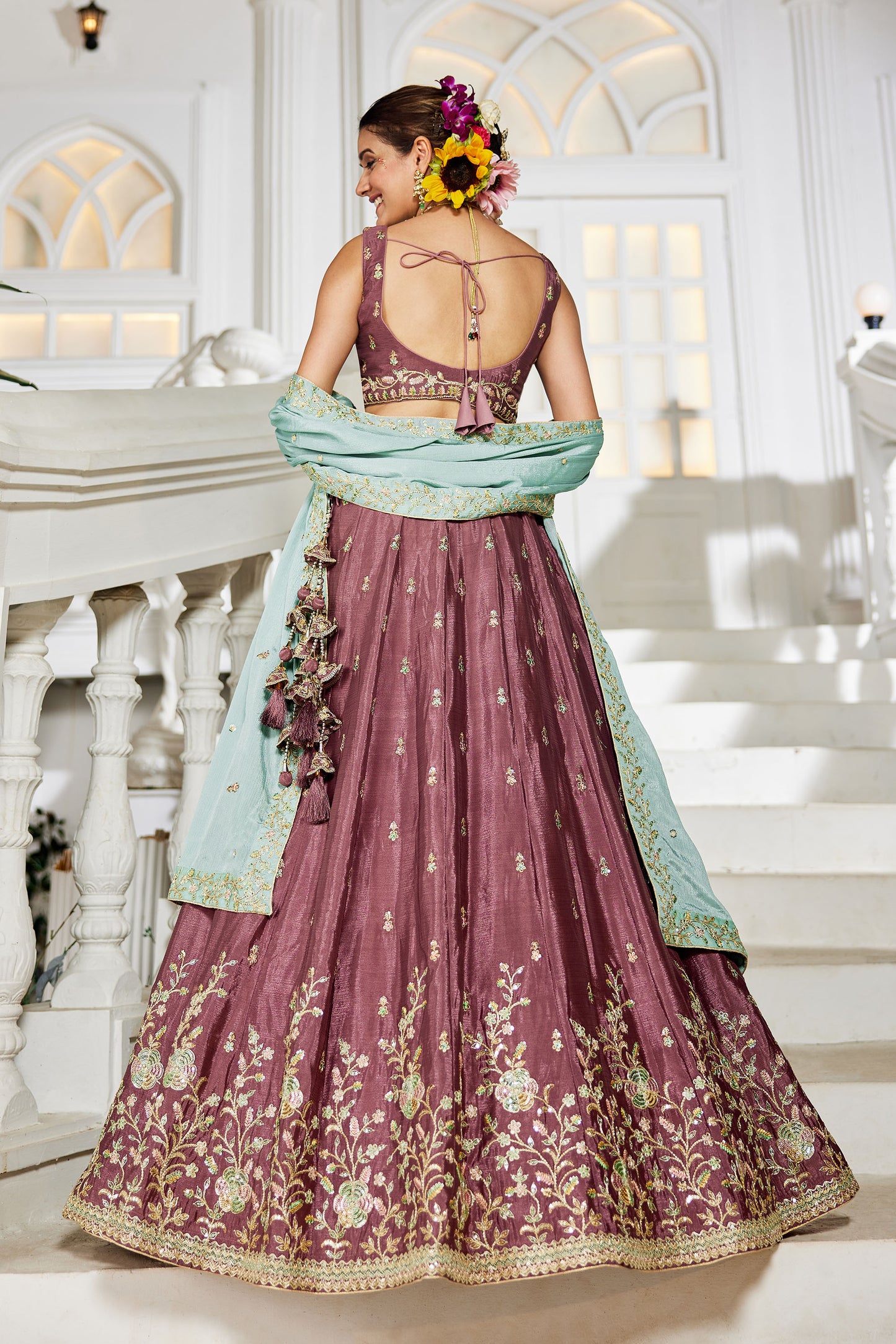 Rose gold colour Chiffon Sequins embroidery Lehenga choli & Dupatta
