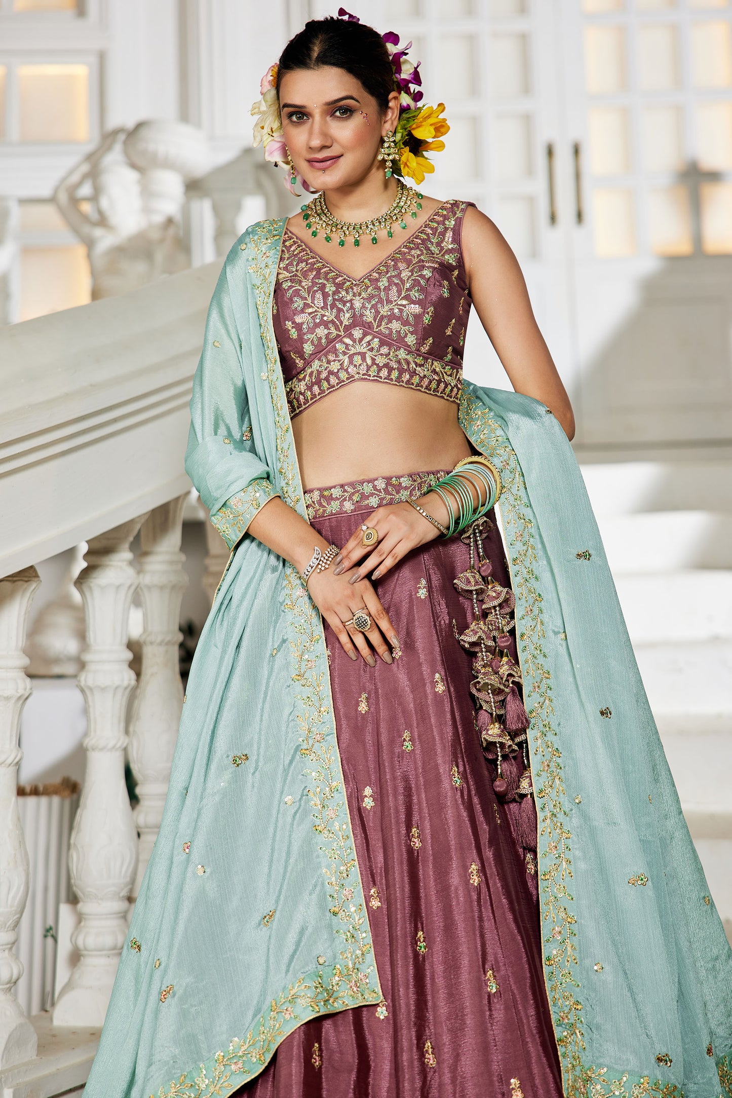 Rose gold colour Chiffon Sequins embroidery Lehenga choli & Dupatta