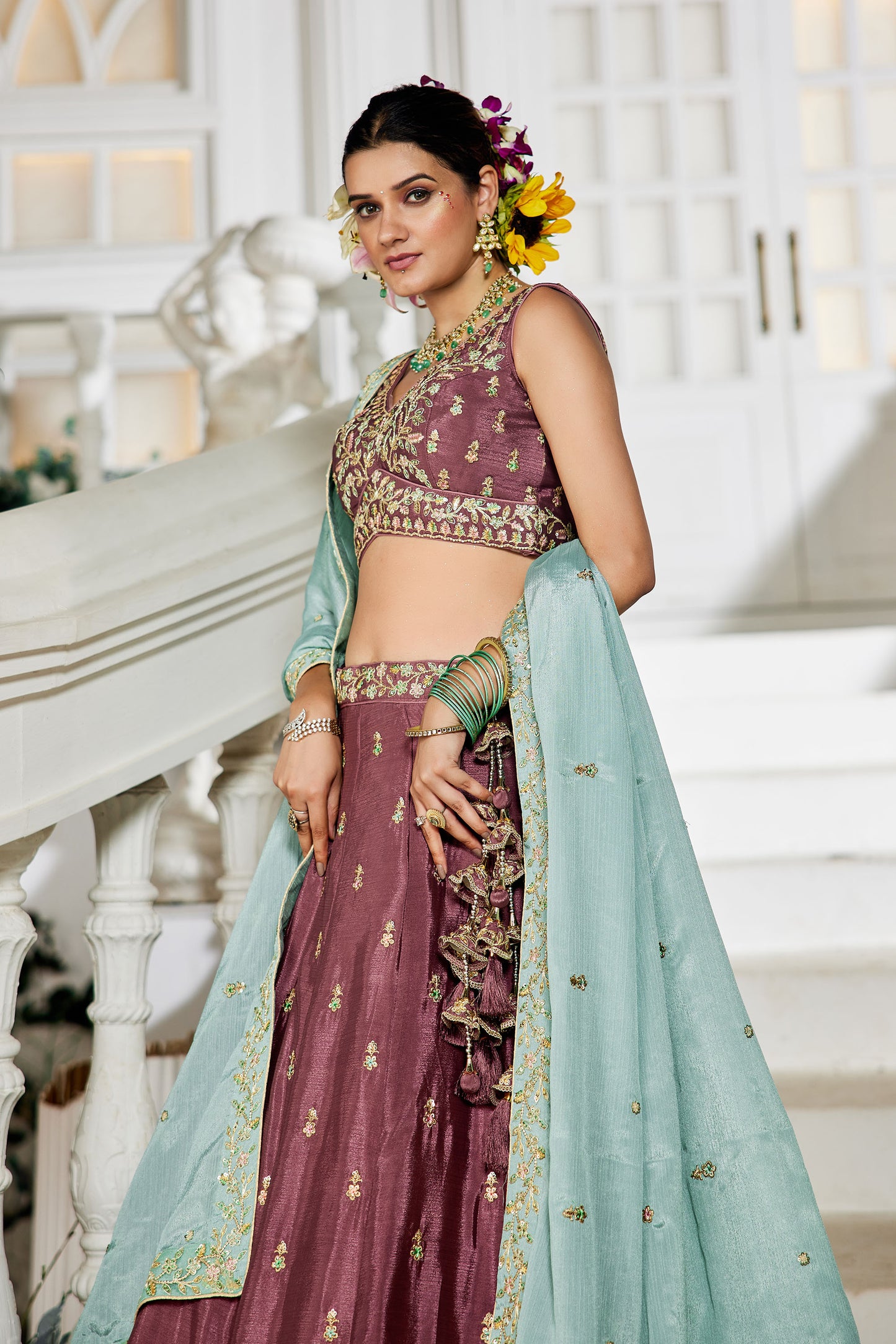 Rose gold colour Chiffon Sequins embroidery Lehenga choli & Dupatta