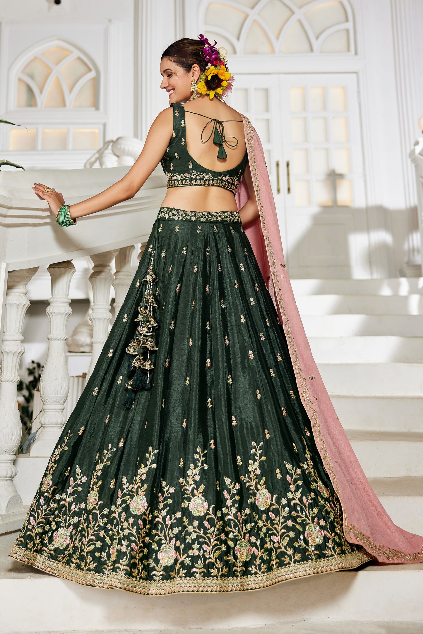 Olive colour Chiffon Sequins embroidery Lehenga choli & Dupatta