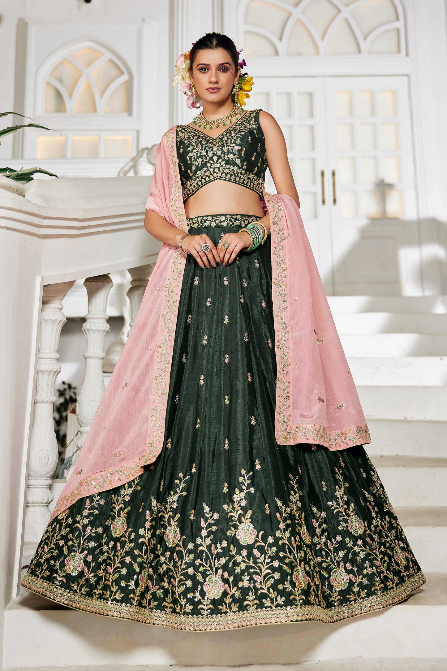 Olive colour Chiffon Sequins embroidery Lehenga choli & Dupatta