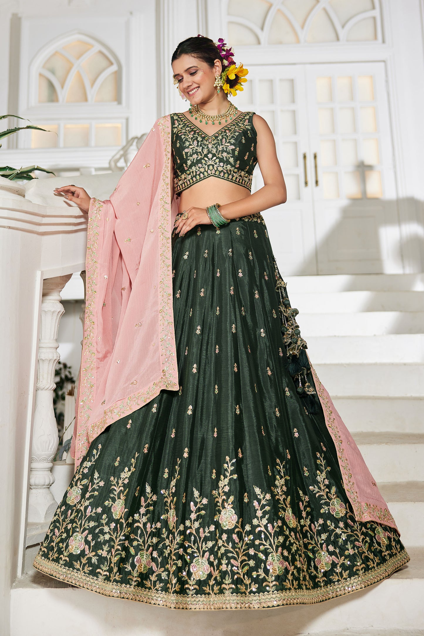 Olive colour Chiffon Sequins embroidery Lehenga choli & Dupatta