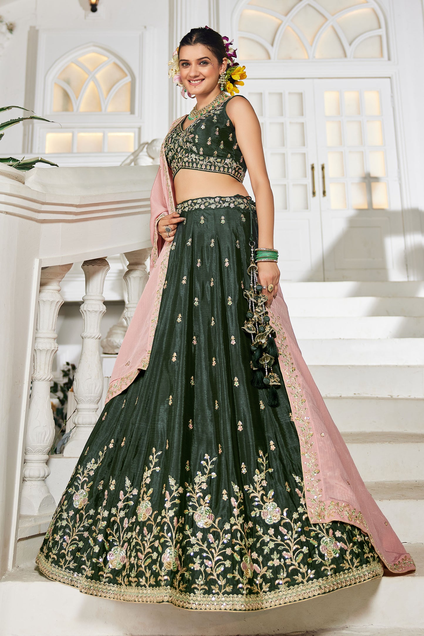 Olive colour Chiffon Sequins embroidery Lehenga choli & Dupatta