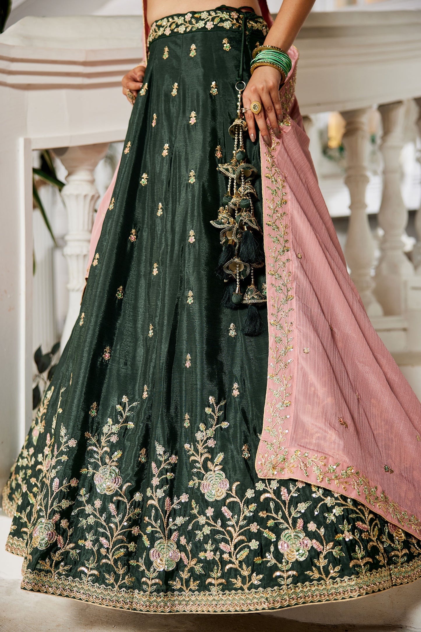 Olive colour Chiffon Sequins embroidery Lehenga choli & Dupatta