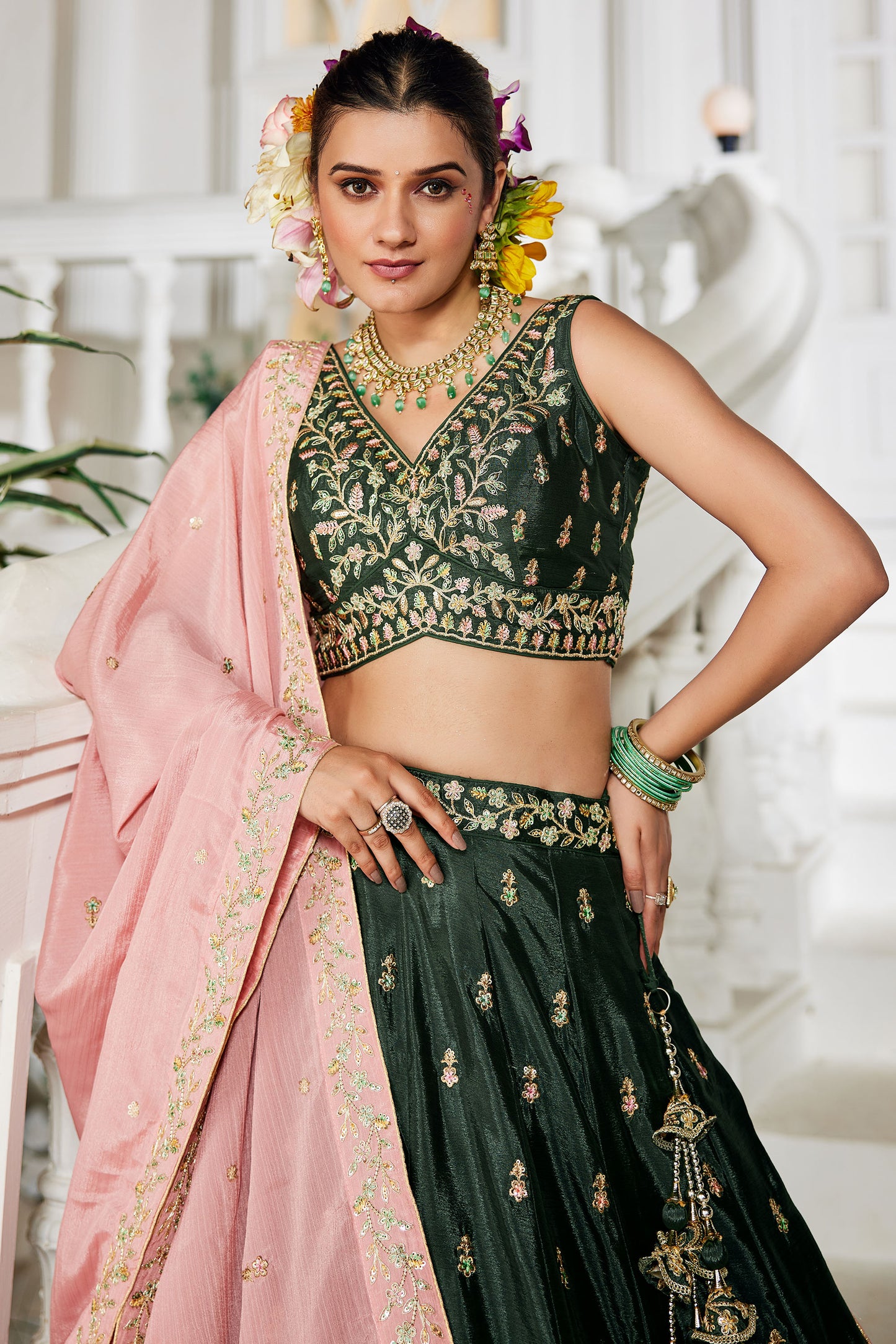 Olive colour Chiffon Sequins embroidery Lehenga choli & Dupatta