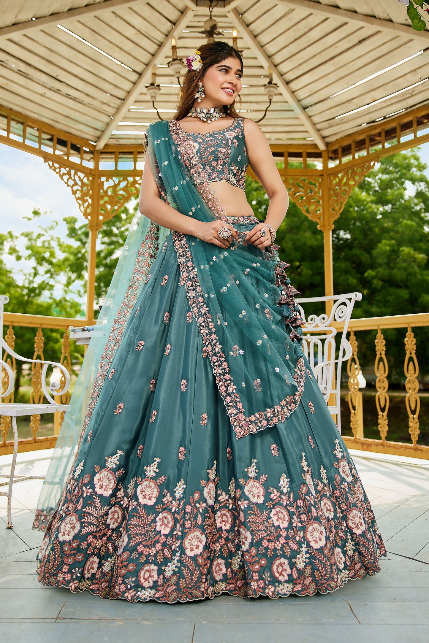 Teal colour Satin Sequins embroidery Lehenga choli & Dupatta