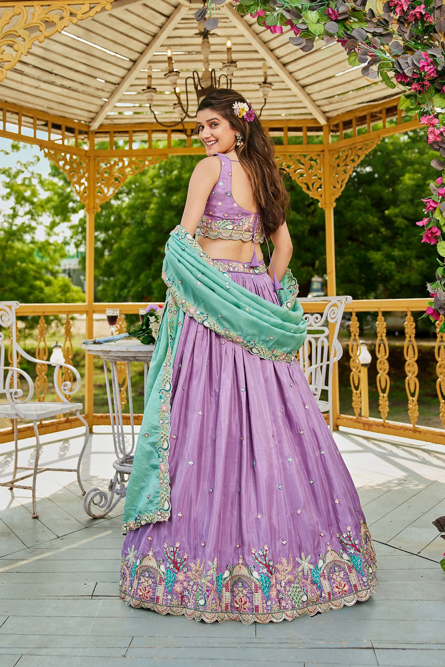 Lavender colour Satin Sequins embroidery Lehenga choli & Dupatta