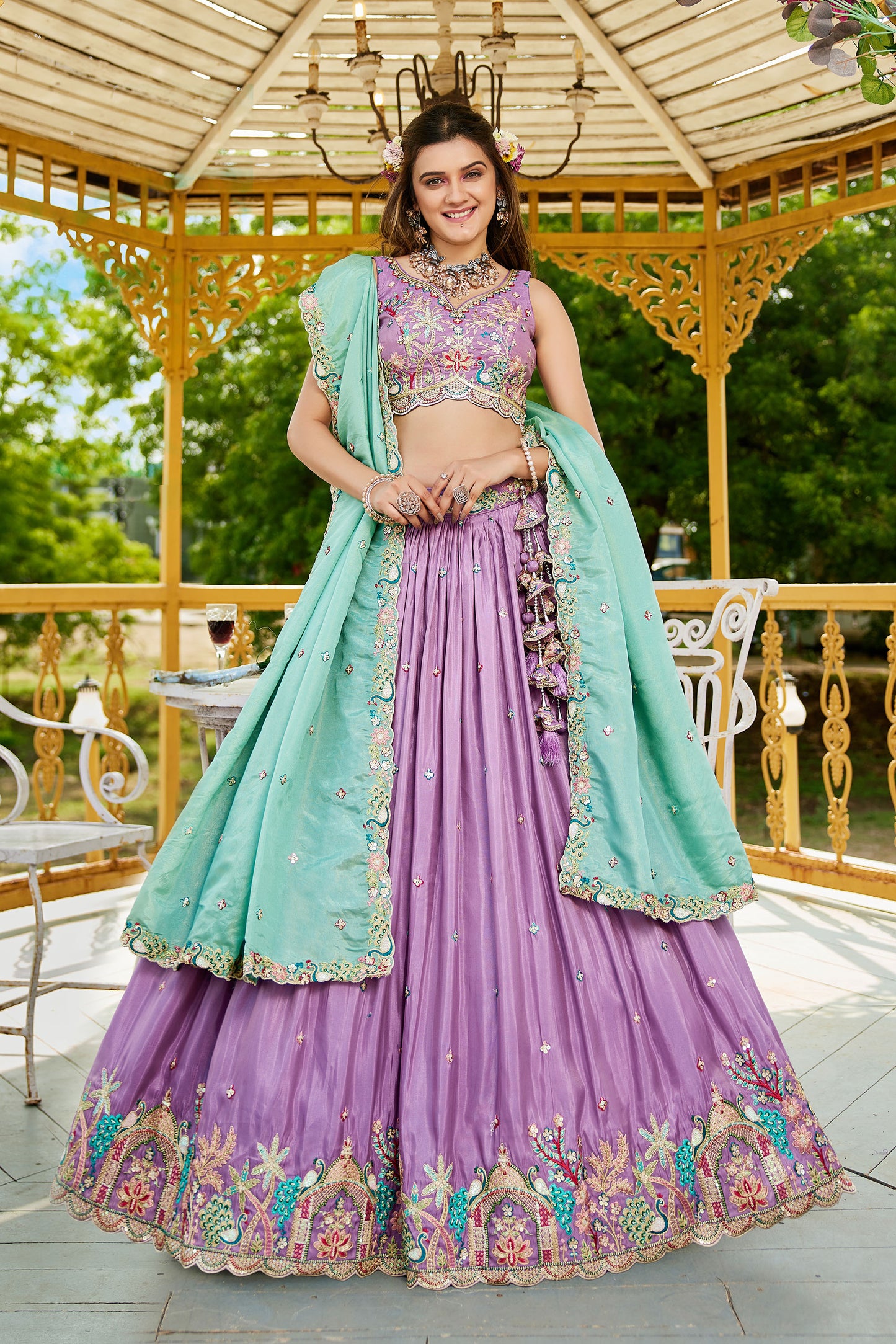 Lavender colour Satin Sequins embroidery Lehenga choli & Dupatta