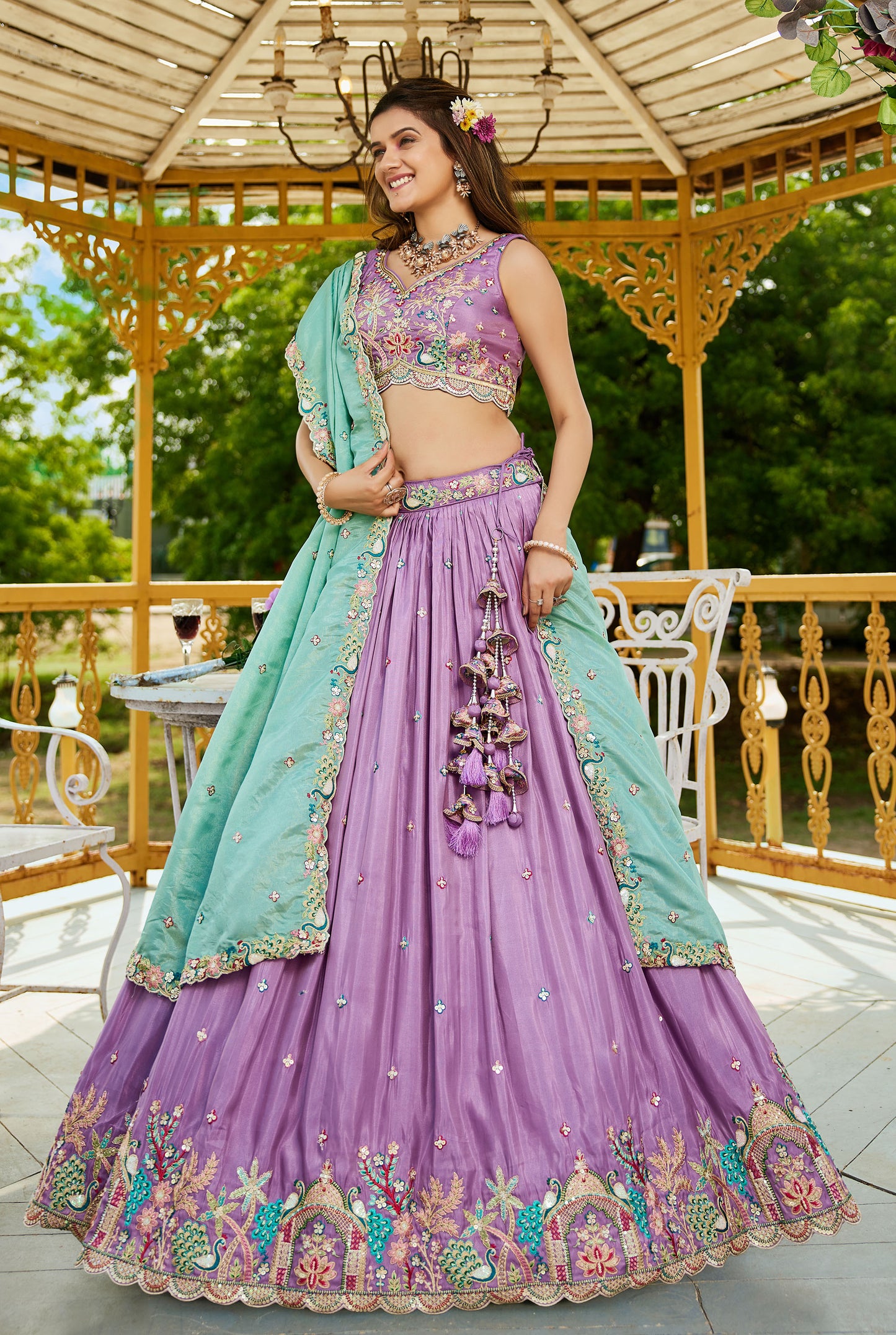 Lavender colour Satin Sequins embroidery Lehenga choli & Dupatta