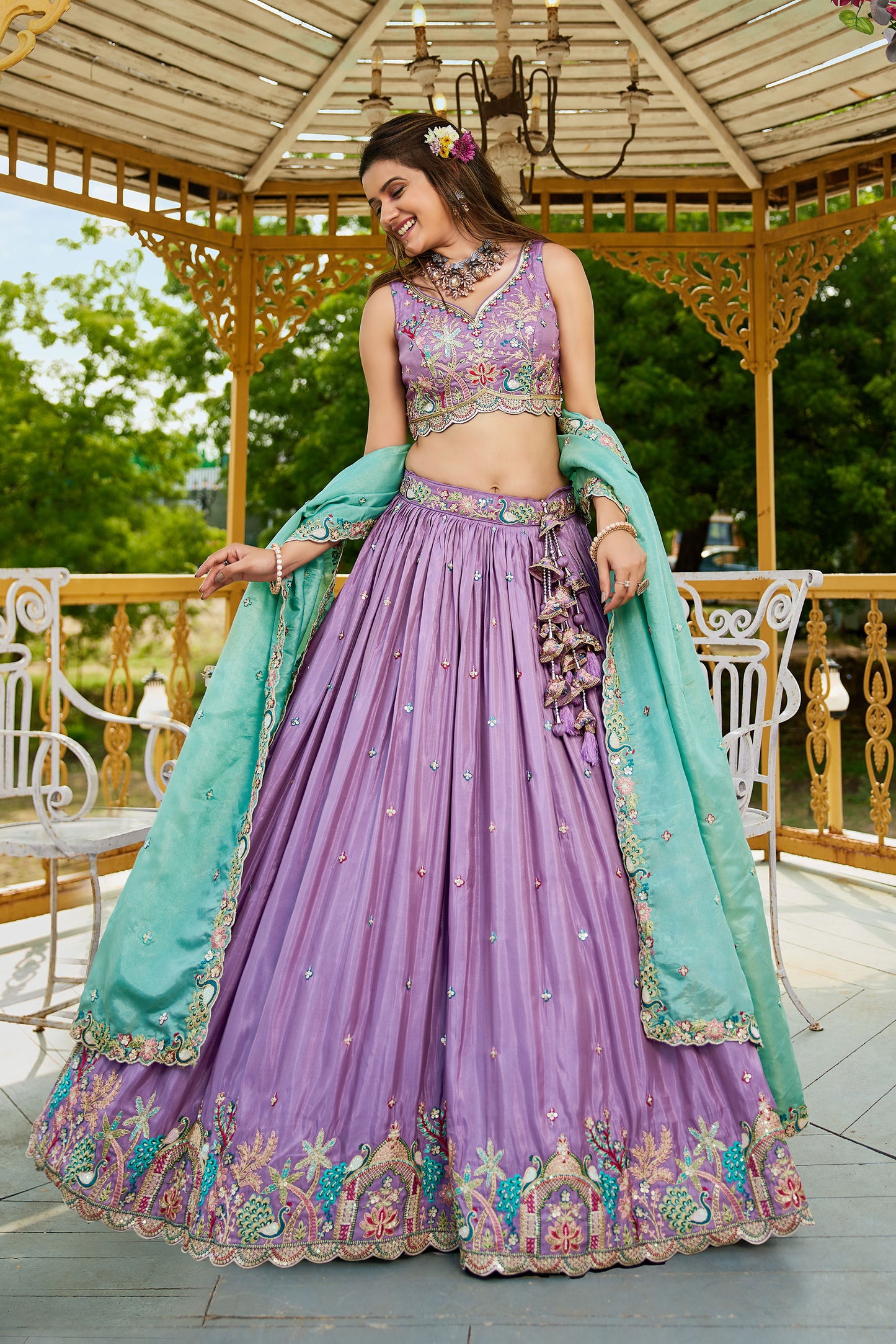 Lavender colour Satin Sequins embroidery Lehenga choli & Dupatta
