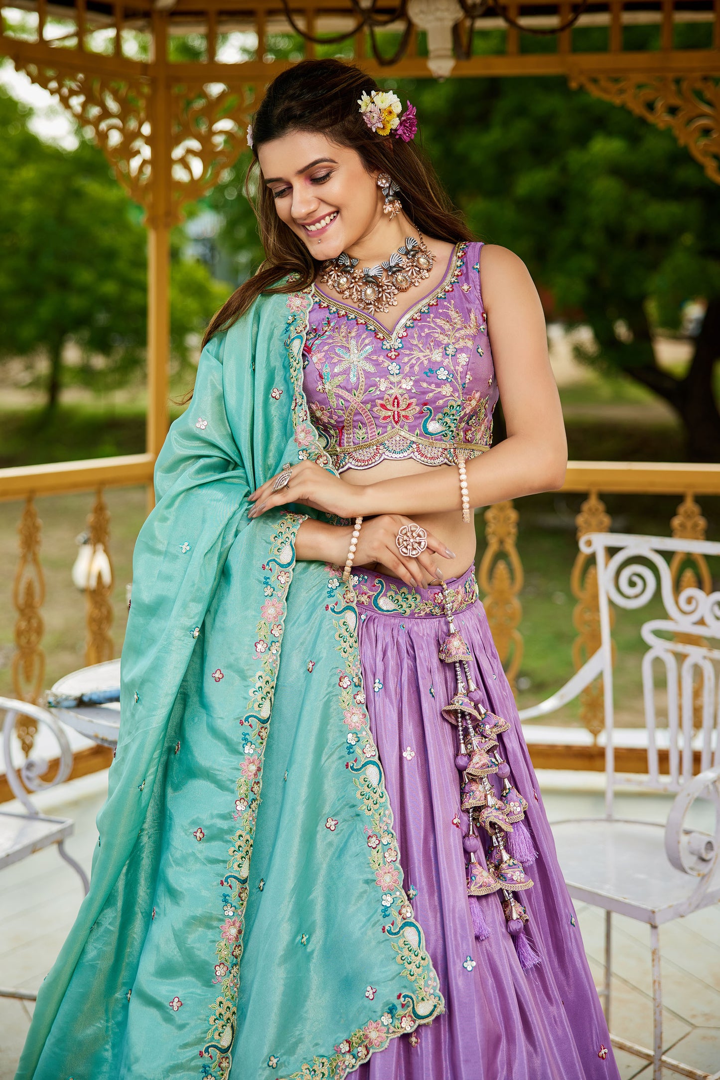 Lavender colour Satin Sequins embroidery Lehenga choli & Dupatta