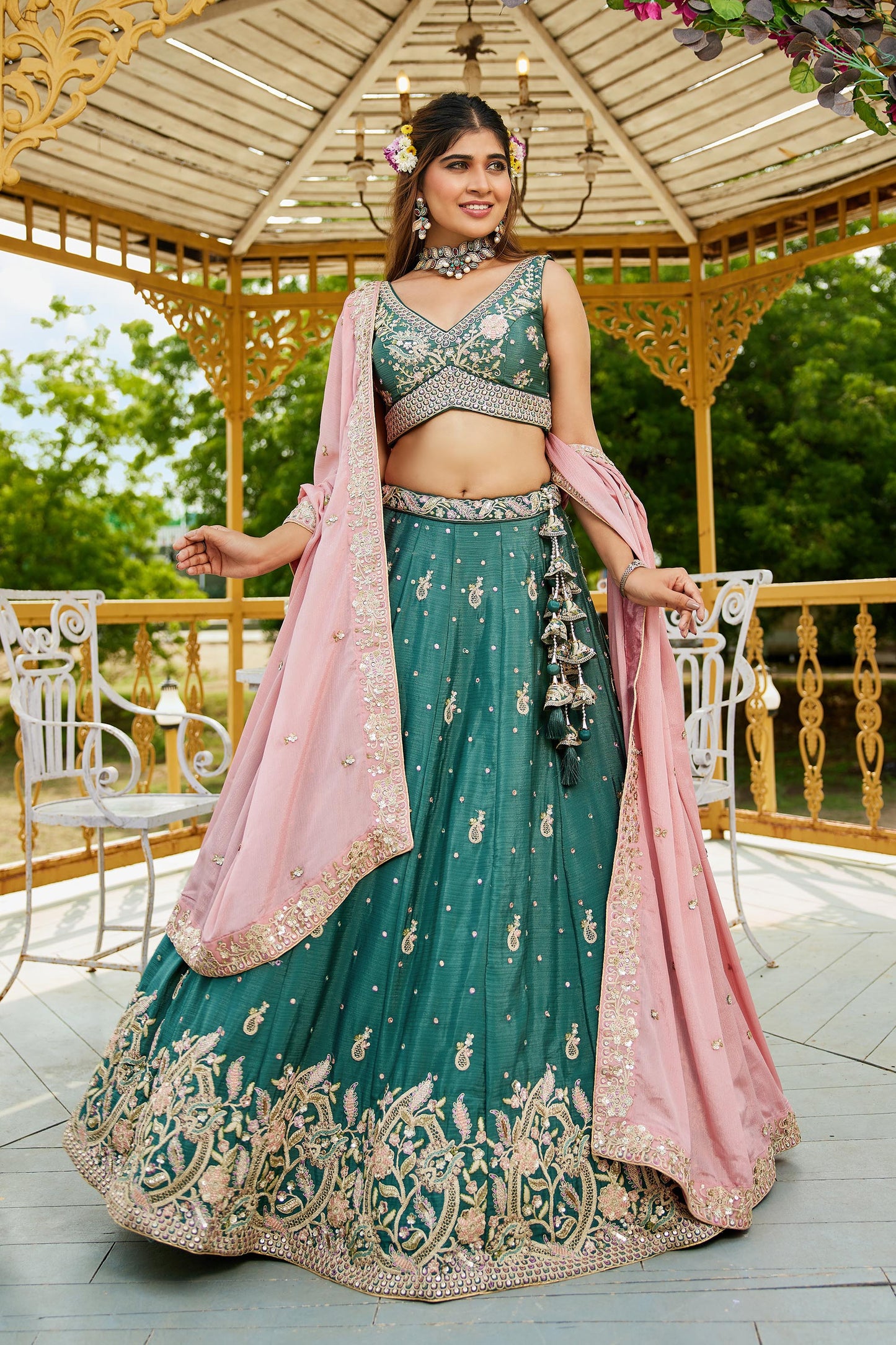 Teal colour Chinnon Sequinse embroidery Lehenga choli & Dupatta