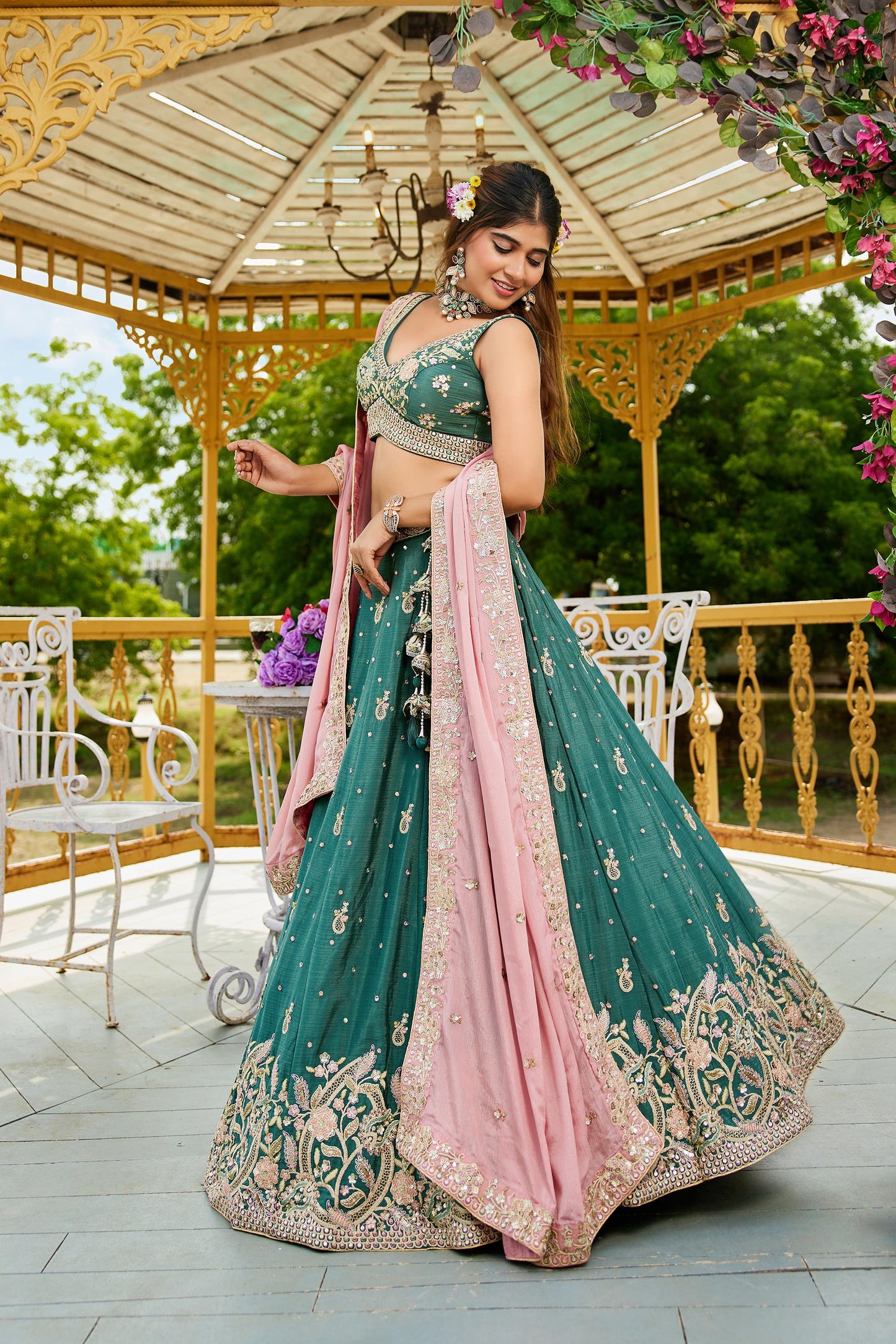Teal colour Chinnon Sequinse embroidery Lehenga choli & Dupatta